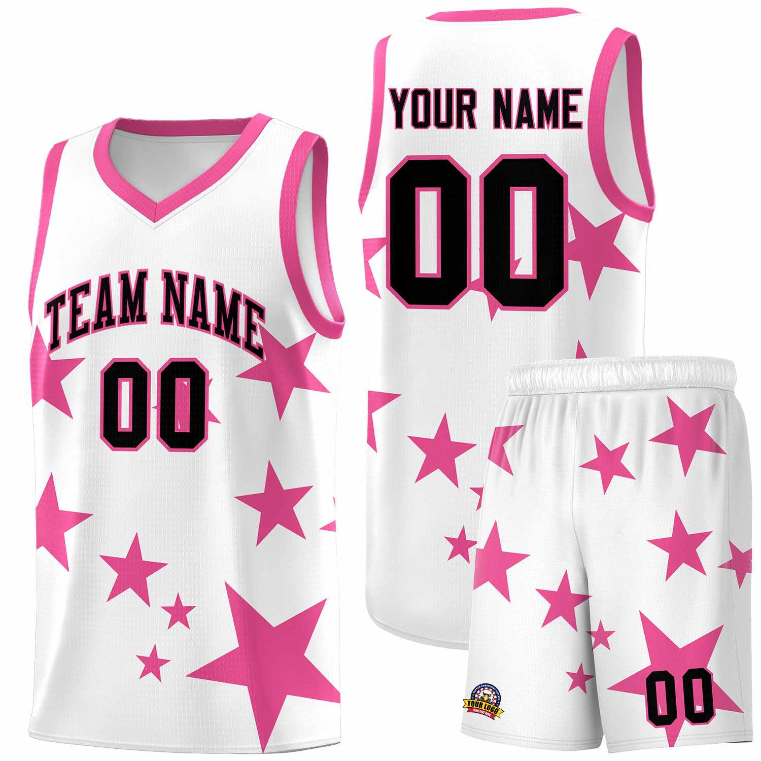 Custom White Pink Graffiti Pattern Star Print Basketball Jersey Sets