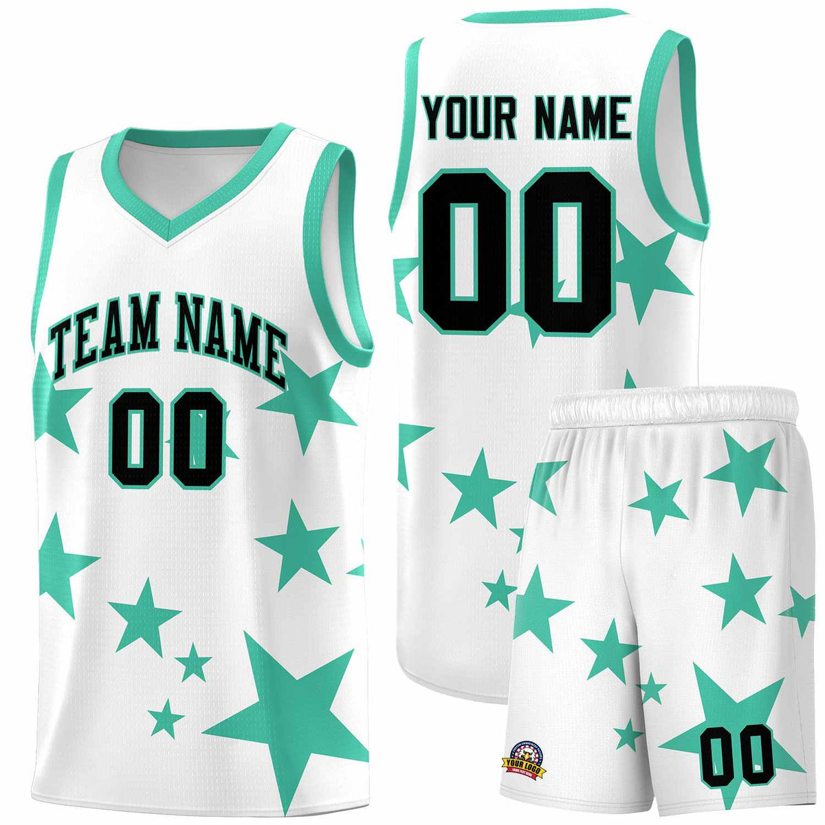 Custom White Bright Green Graffiti Pattern Star Print Basketball Jersey Sets