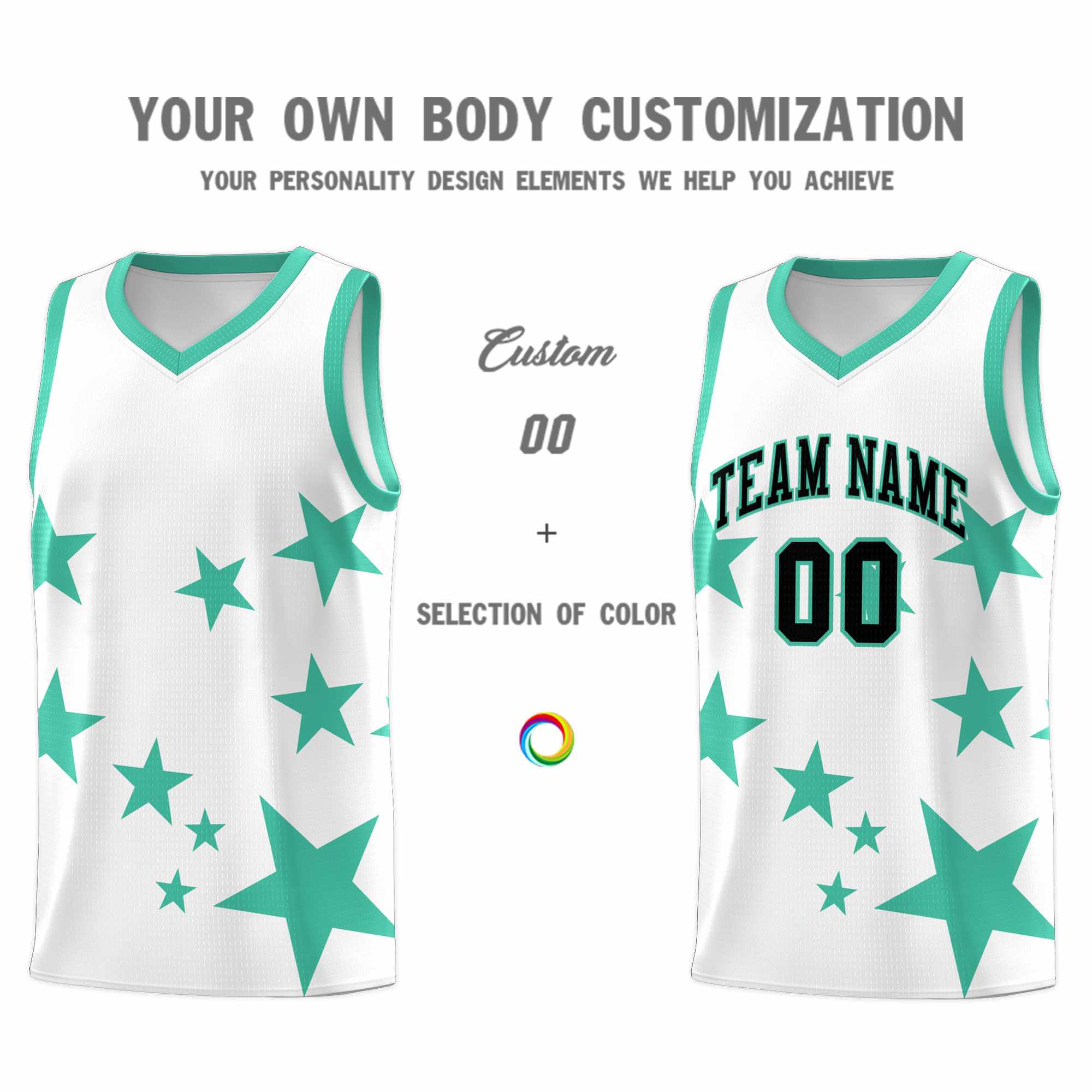 Custom White Bright Green Graffiti Pattern Star Print Basketball Jersey Sets