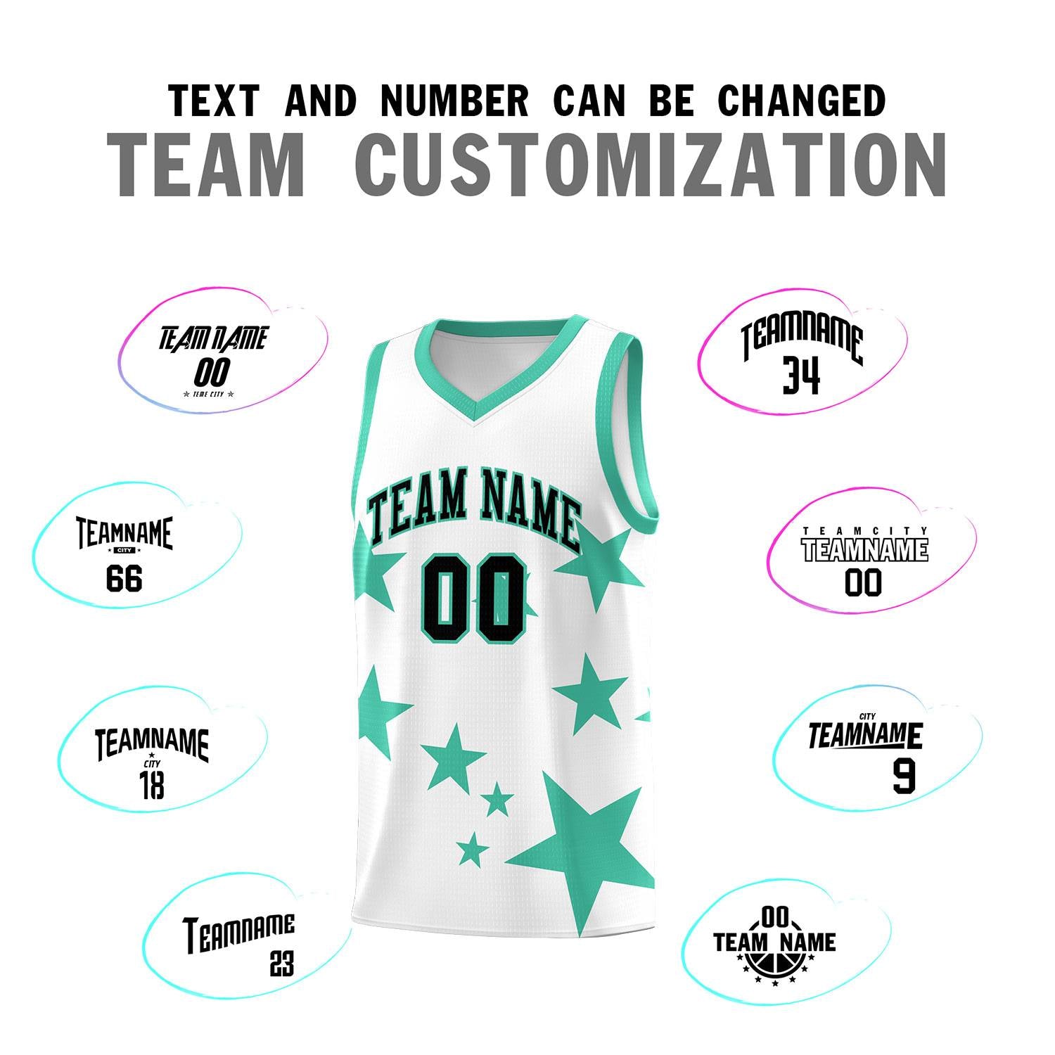 Custom White Bright Green Graffiti Pattern Star Print Basketball Jersey Sets