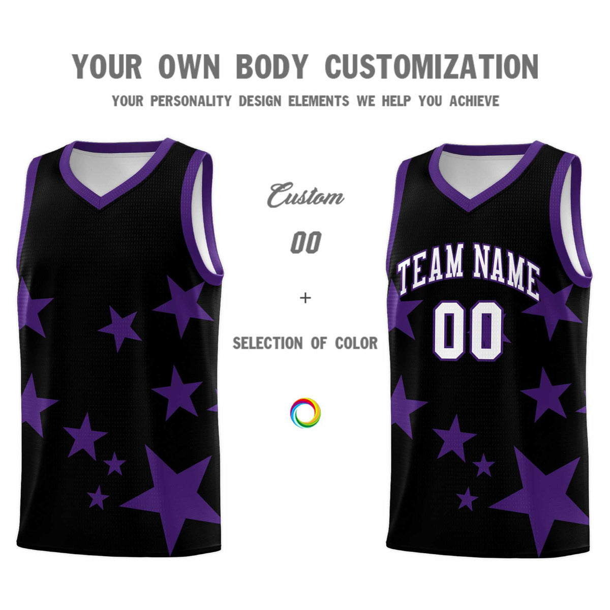 Custom Black Purple Graffiti Pattern Star Print Basketball Jersey Sets