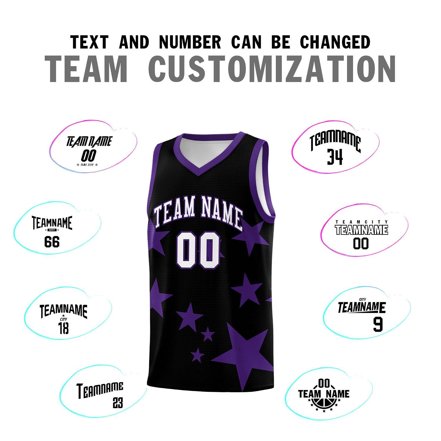 Custom Black Purple Graffiti Pattern Star Print Basketball Jersey Sets