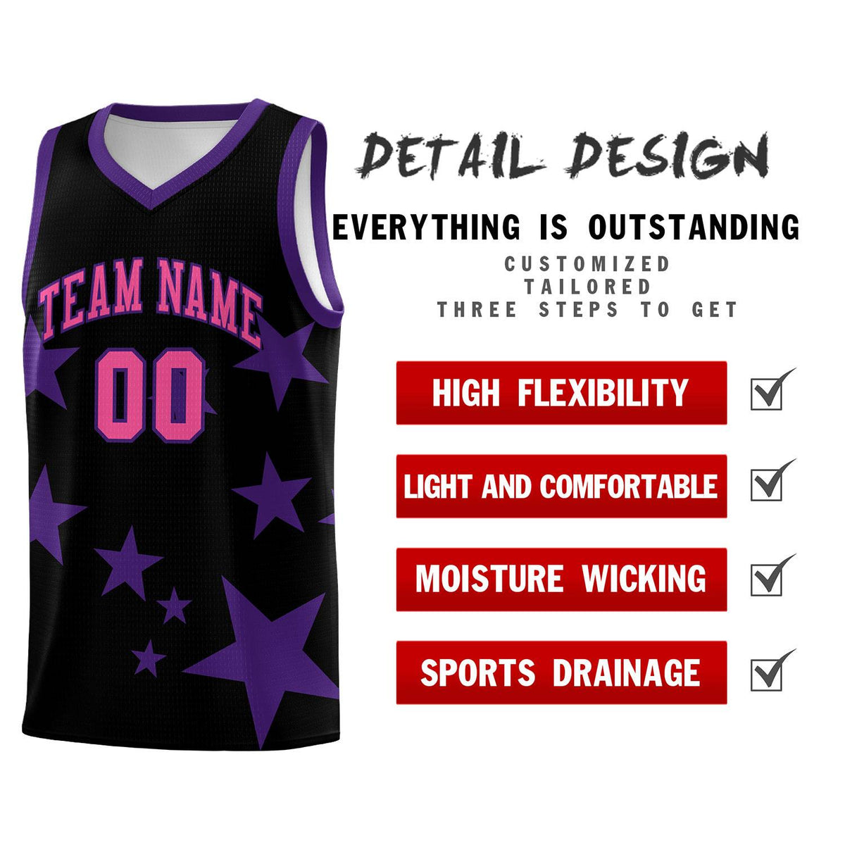 Custom Black Purple Graffiti Pattern Star Print Basketball Jersey Sets