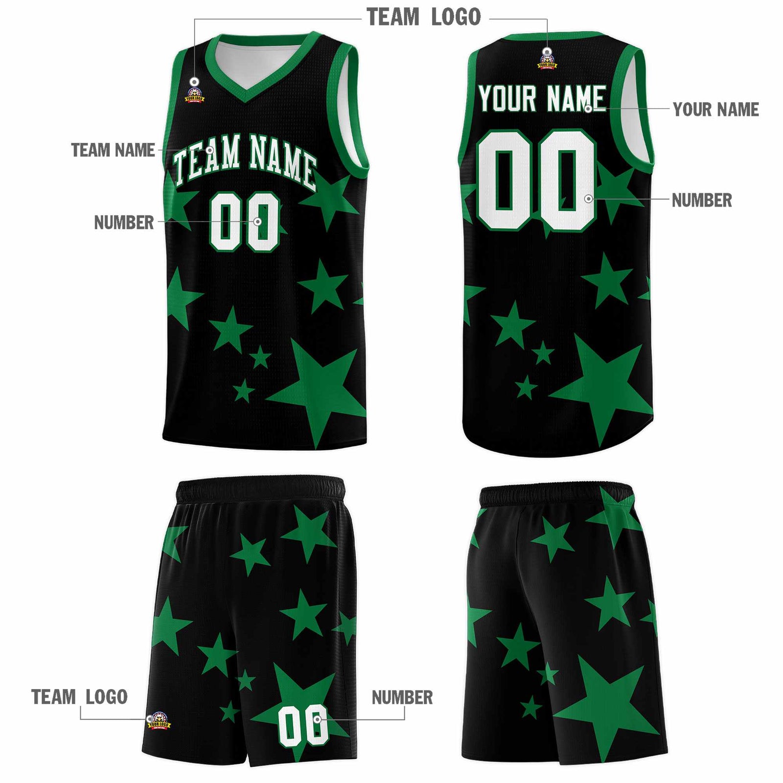 Custom Black Kelly Green Graffiti Pattern Star Print Basketball Jersey Sets