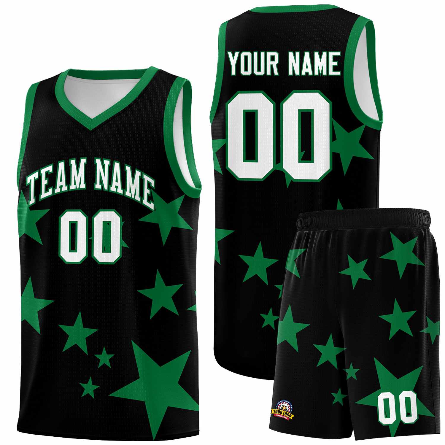 Custom Black Kelly Green Graffiti Pattern Star Print Basketball Jersey Sets
