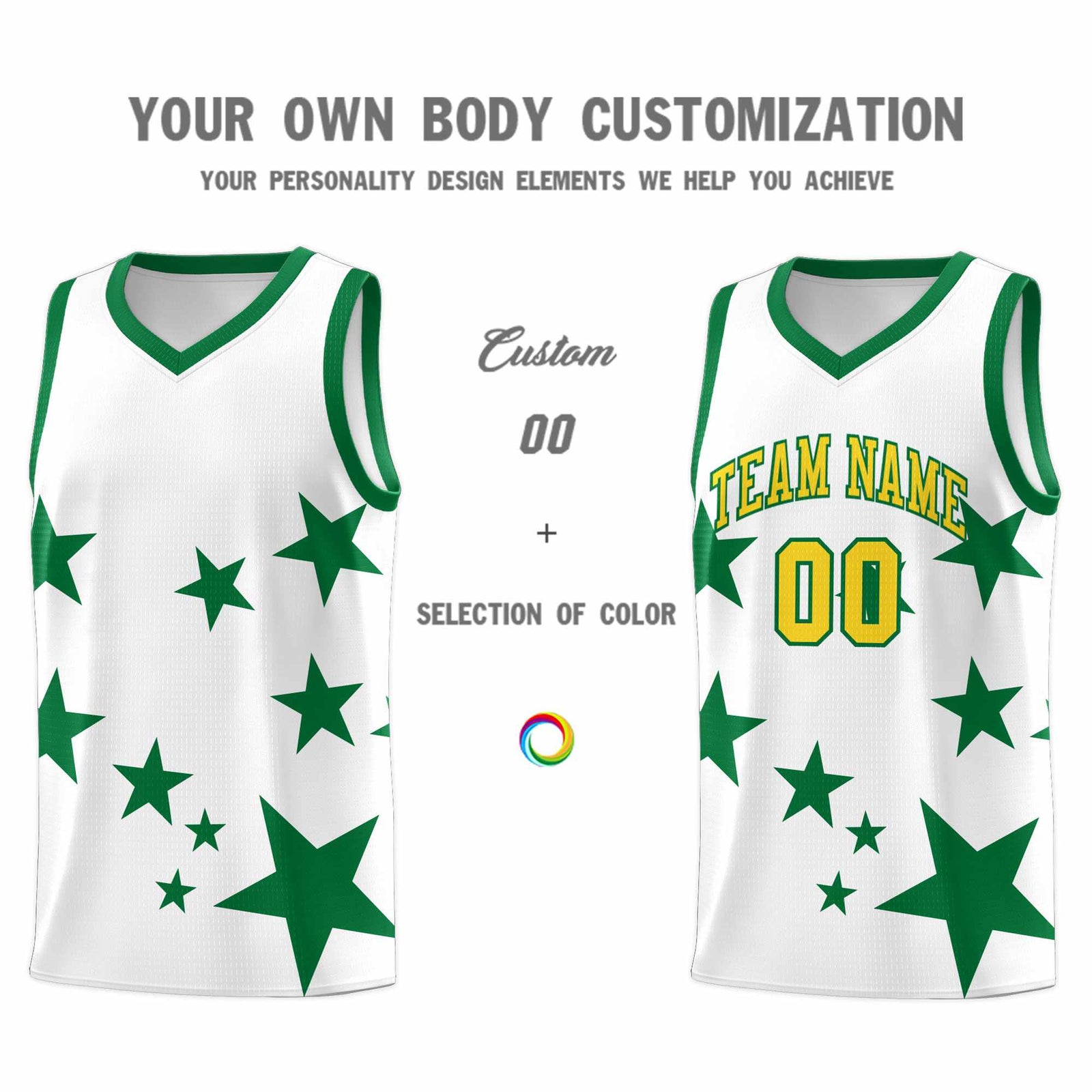 Custom White Kelly Green Graffiti Pattern Star Print Basketball Jersey Sets