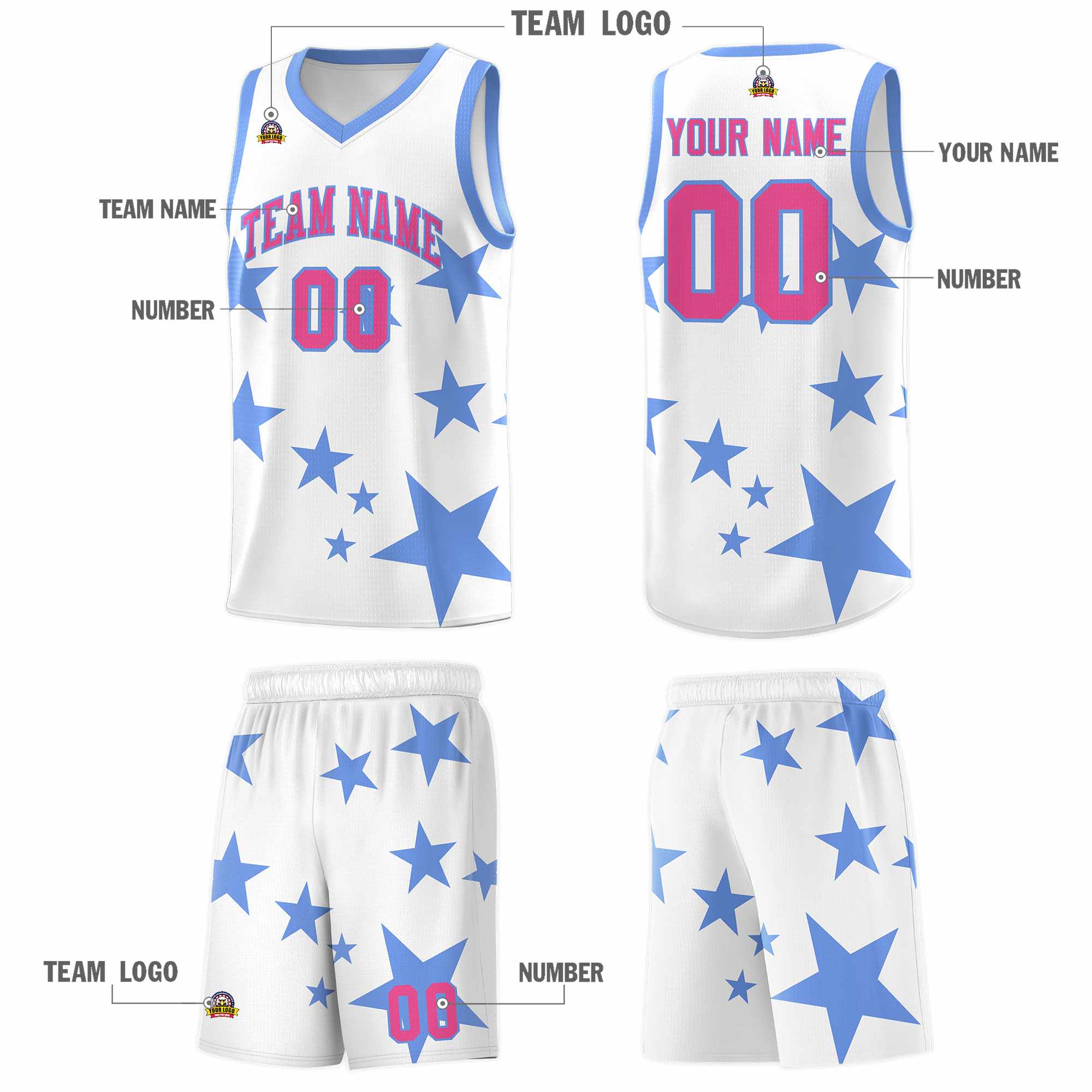 Custom White Light Blue Graffiti Pattern Star Print Basketball Jersey Sets
