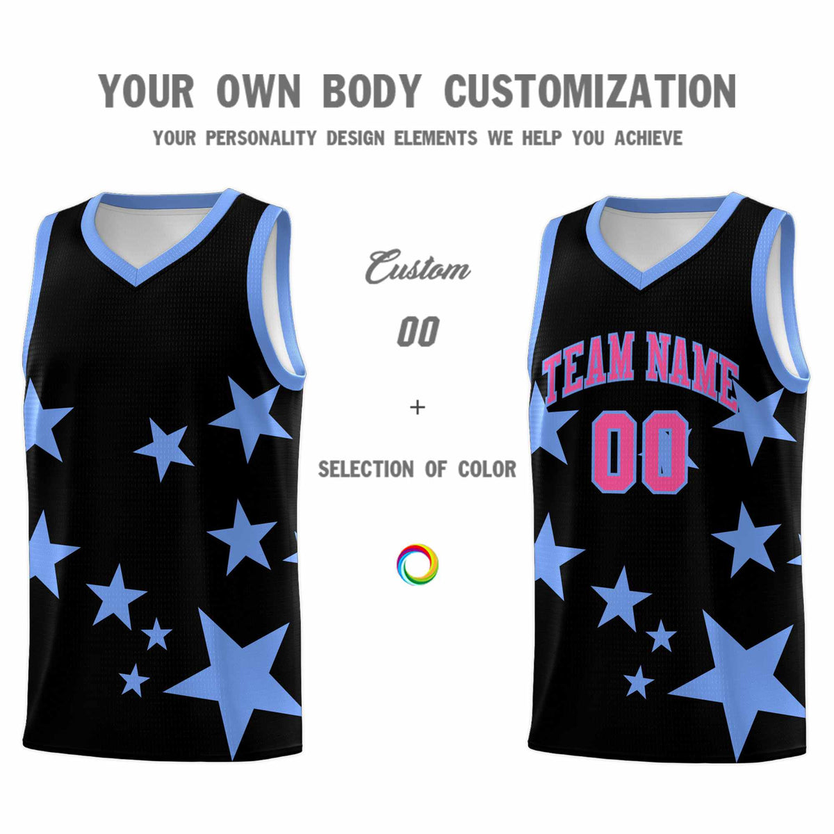 Custom Black Light Blue Graffiti Pattern Star Print Basketball Jersey Sets