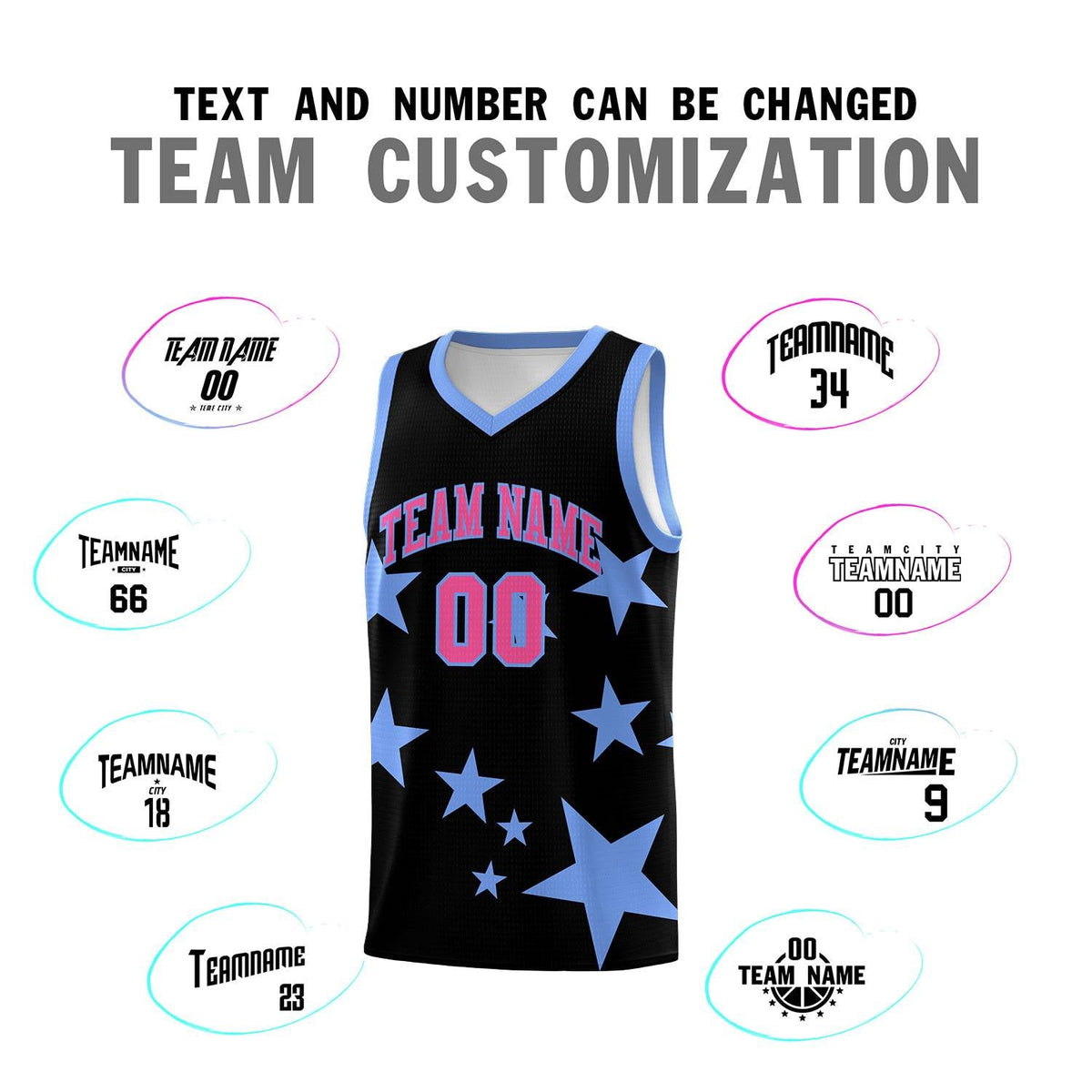 Custom Black Light Blue Graffiti Pattern Star Print Basketball Jersey Sets