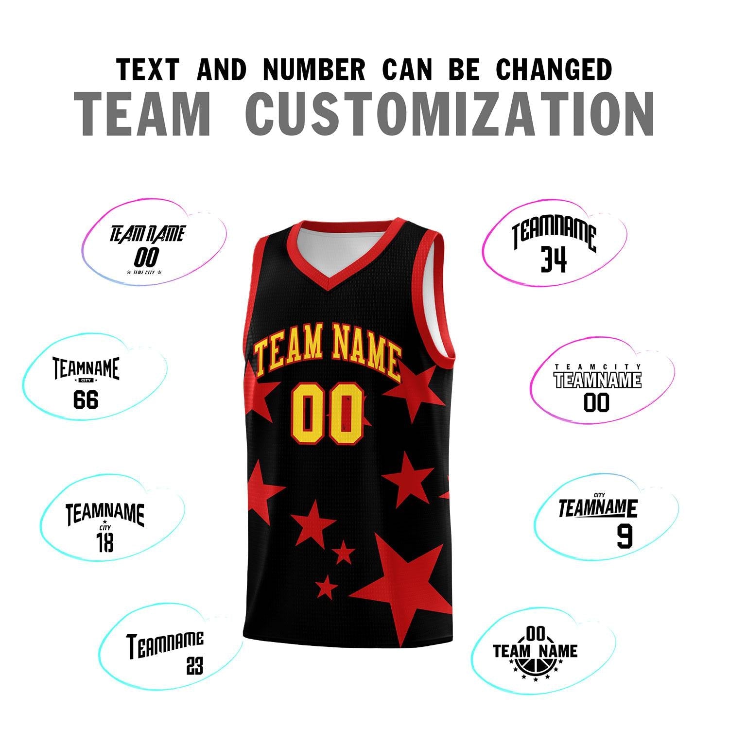 Custom Black Red Graffiti Pattern Star Print Basketball Jersey Sets