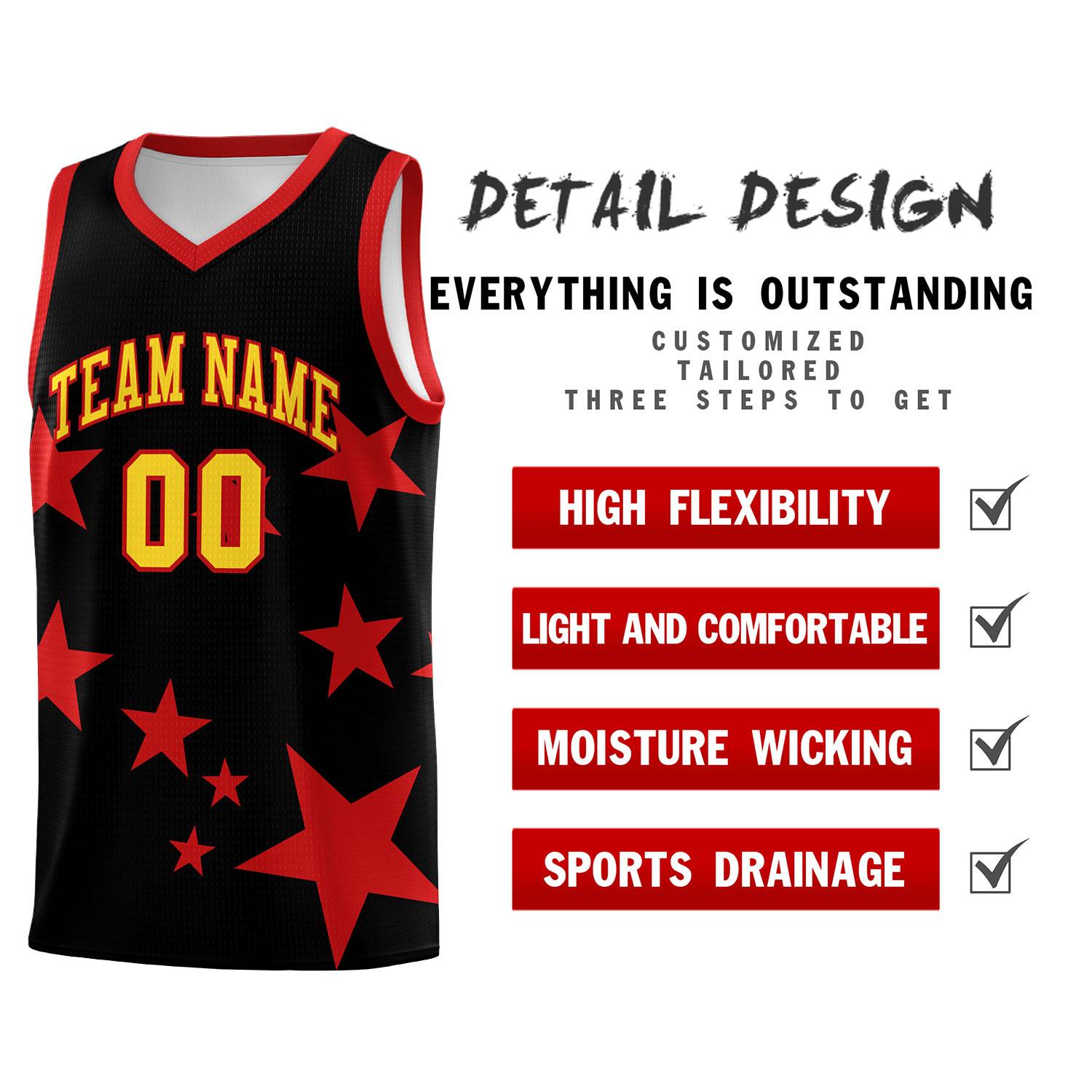 Custom Black Red Graffiti Pattern Star Print Basketball Jersey Sets