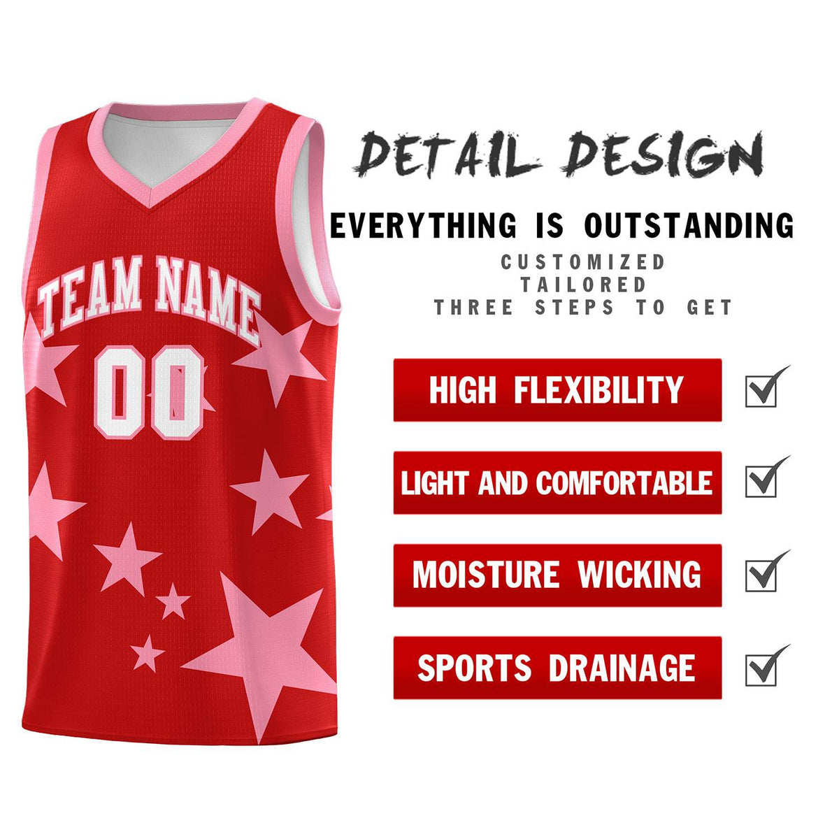 Custom Red Light Pink Graffiti Pattern Star Print Basketball Jersey Sets
