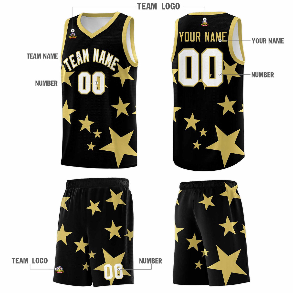 Custom Black Old Gold Graffiti Pattern Star Print Basketball Jersey Sets