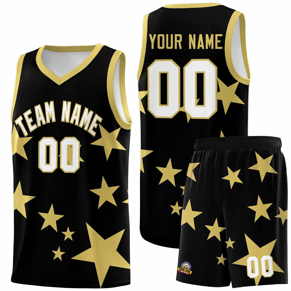Custom Black Old Gold Graffiti Pattern Star Print Basketball Jersey Sets