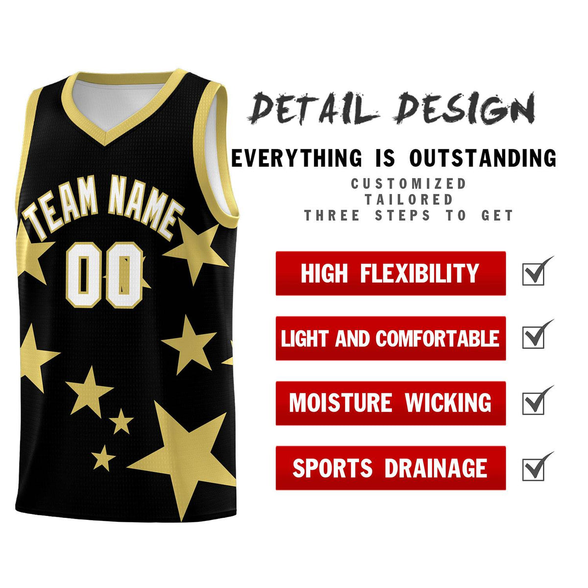 Custom Black Old Gold Graffiti Pattern Star Print Basketball Jersey Sets