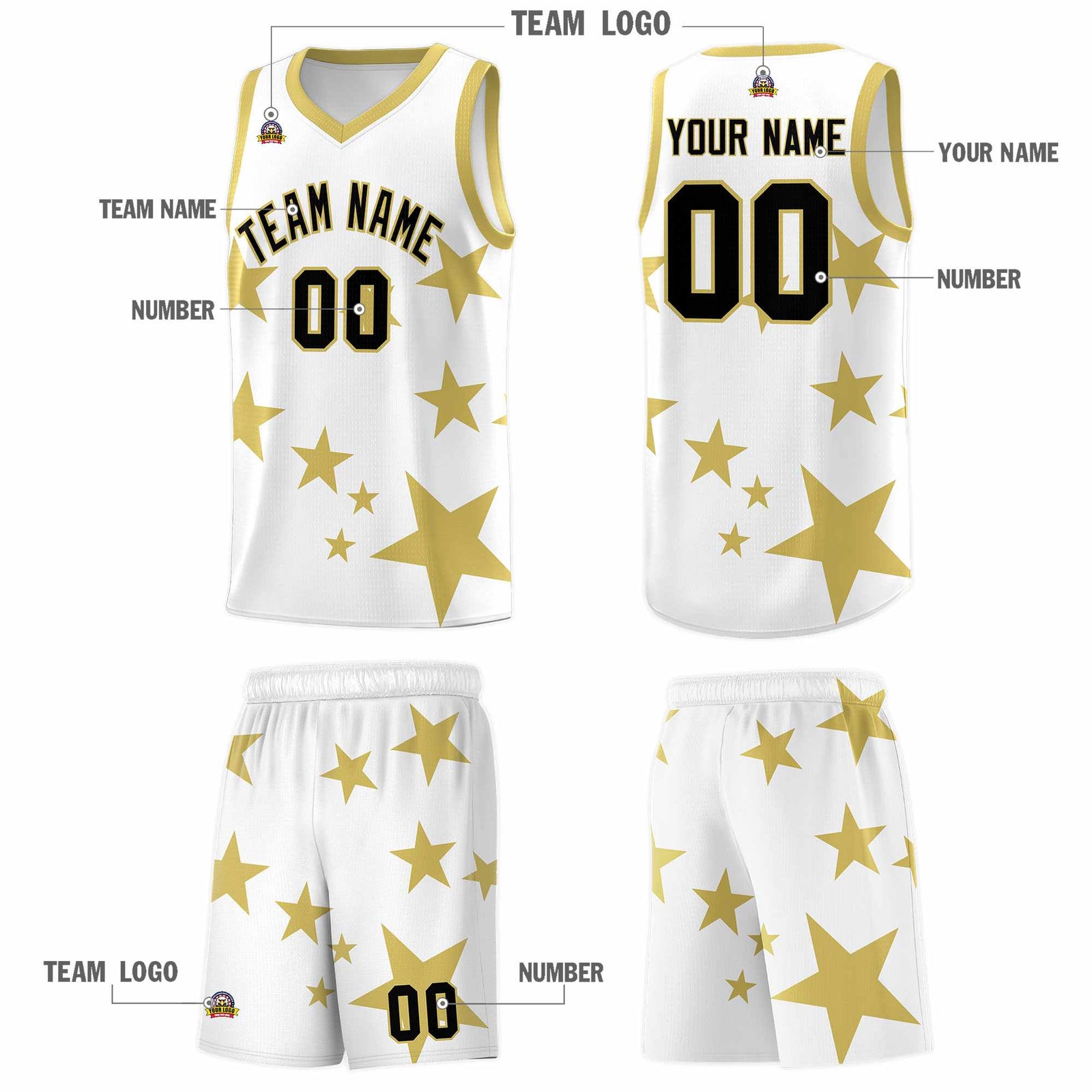 Custom White Old Gold Graffiti Pattern Star Print Basketball Jersey Sets