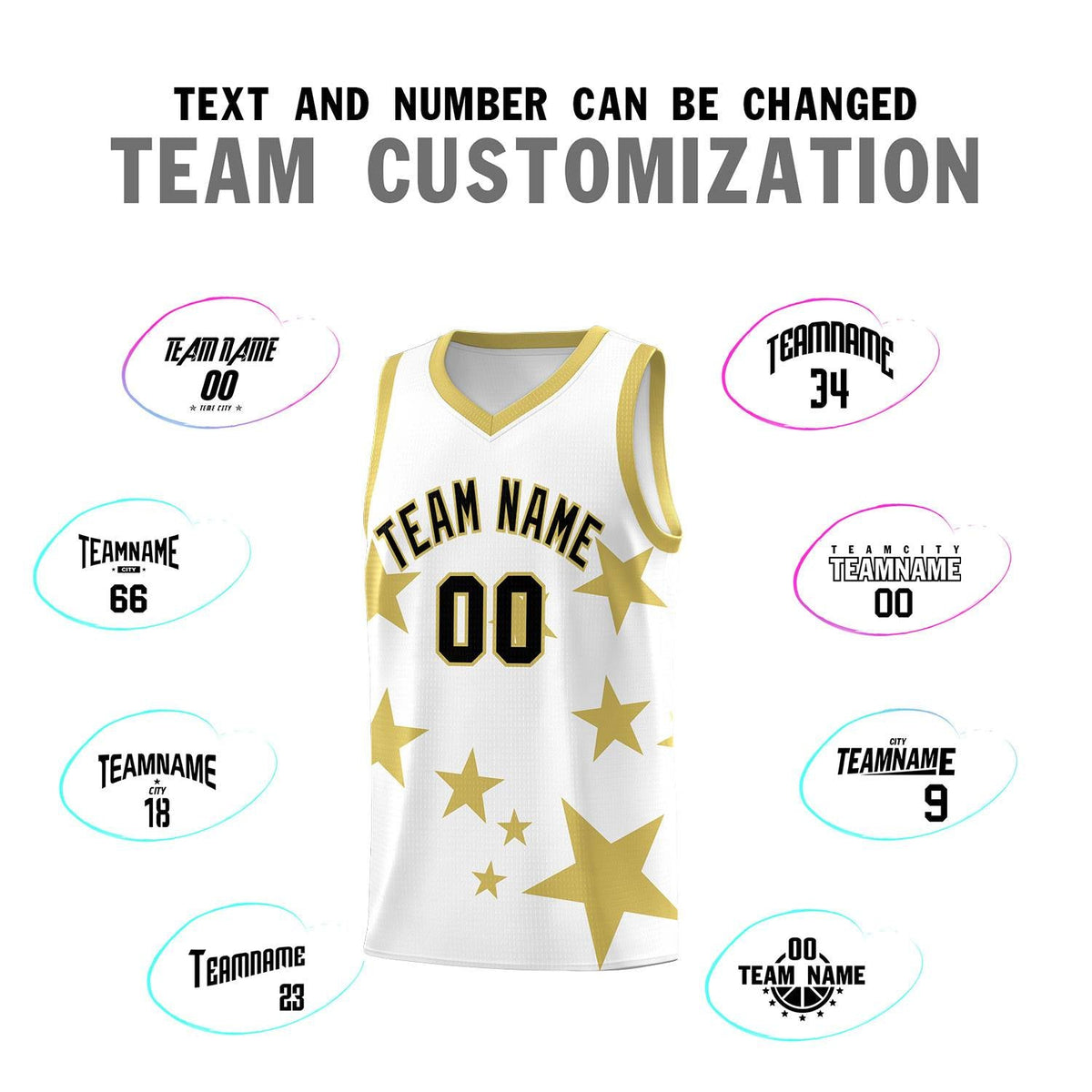 Custom White Old Gold Graffiti Pattern Star Print Basketball Jersey Sets