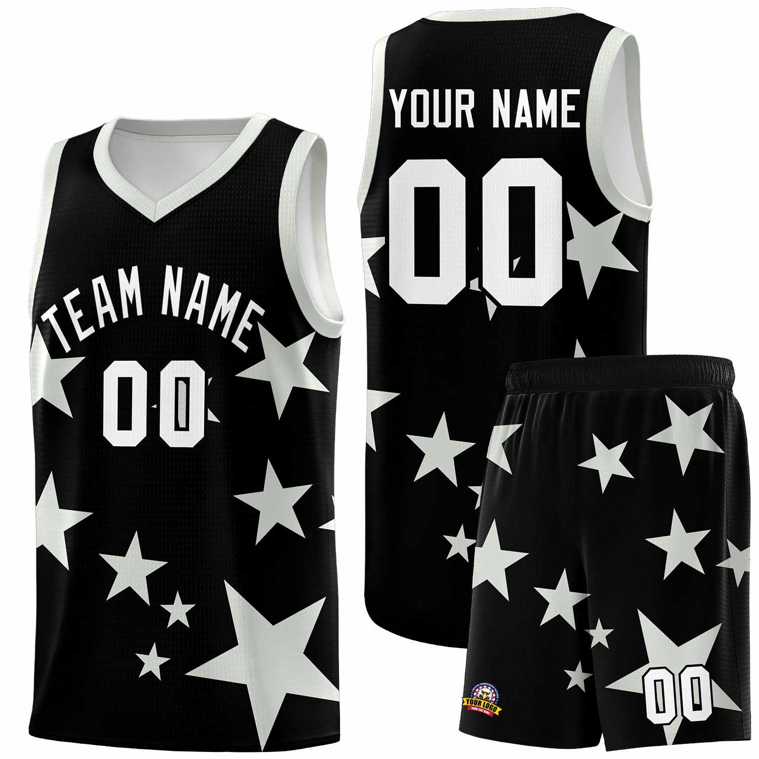 Custom Black Gray Graffiti Pattern Star Print Basketball Jersey Sets