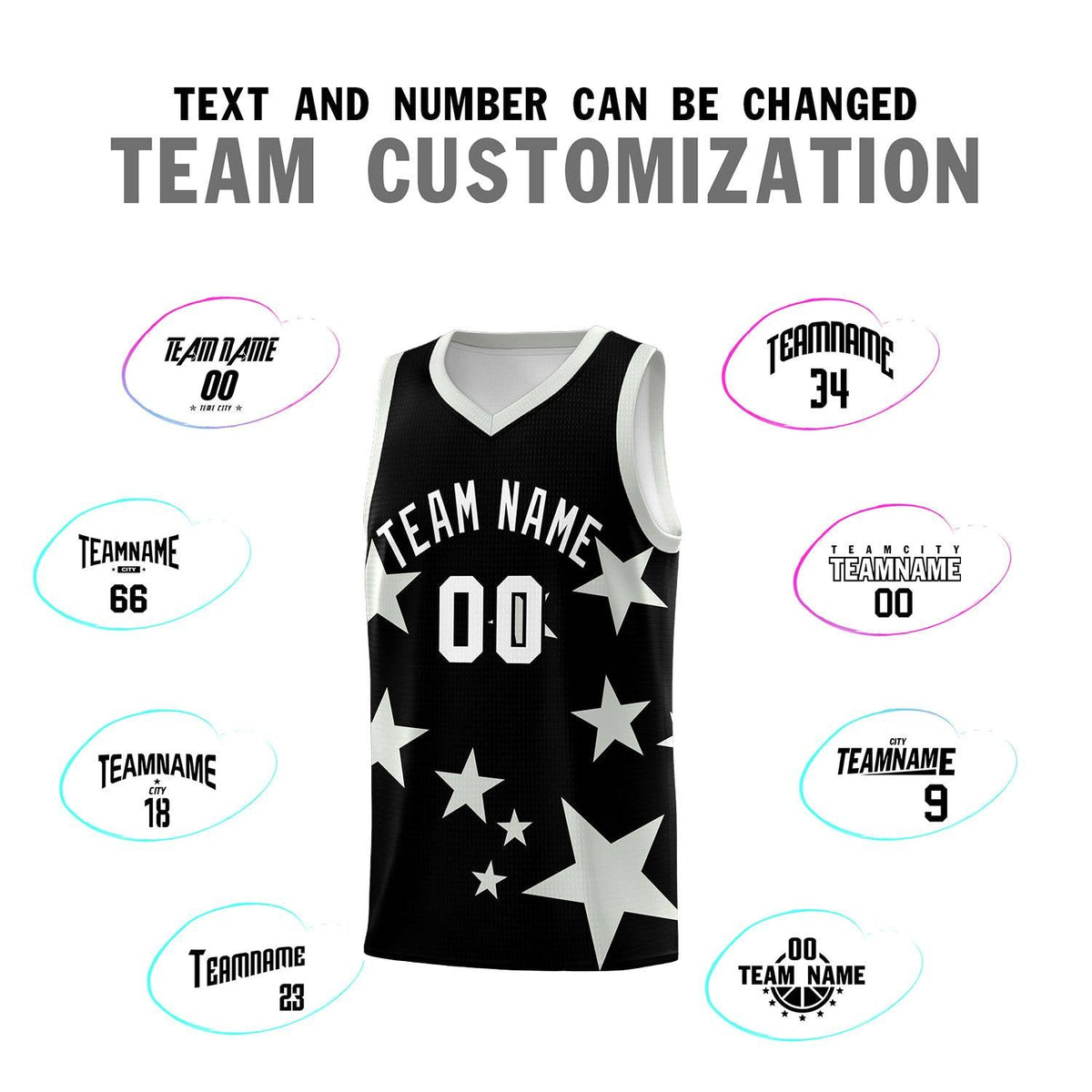 Custom Black Gray Graffiti Pattern Star Print Basketball Jersey Sets