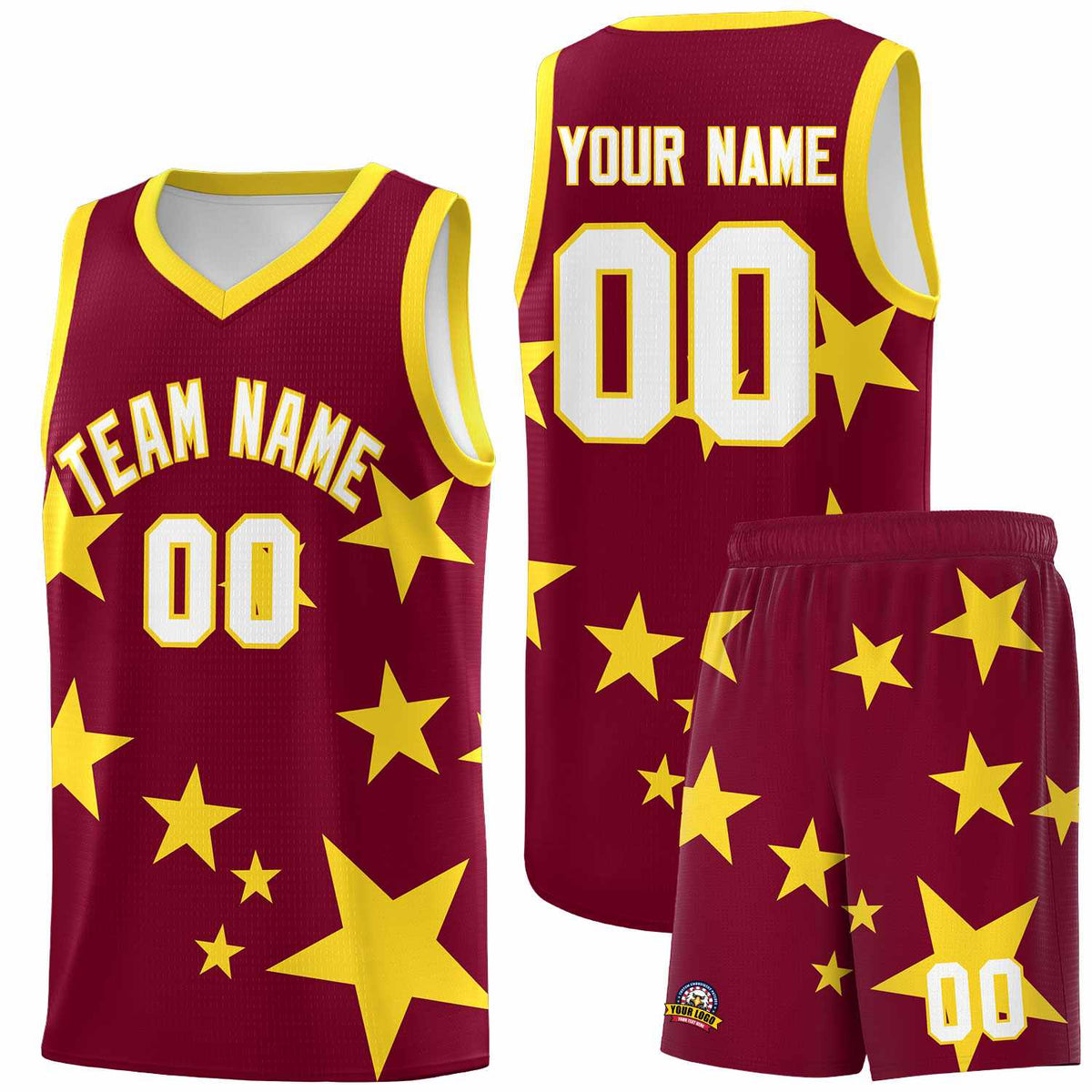 Custom Crimson Gold Graffiti Pattern Star Print Basketball Jersey Sets