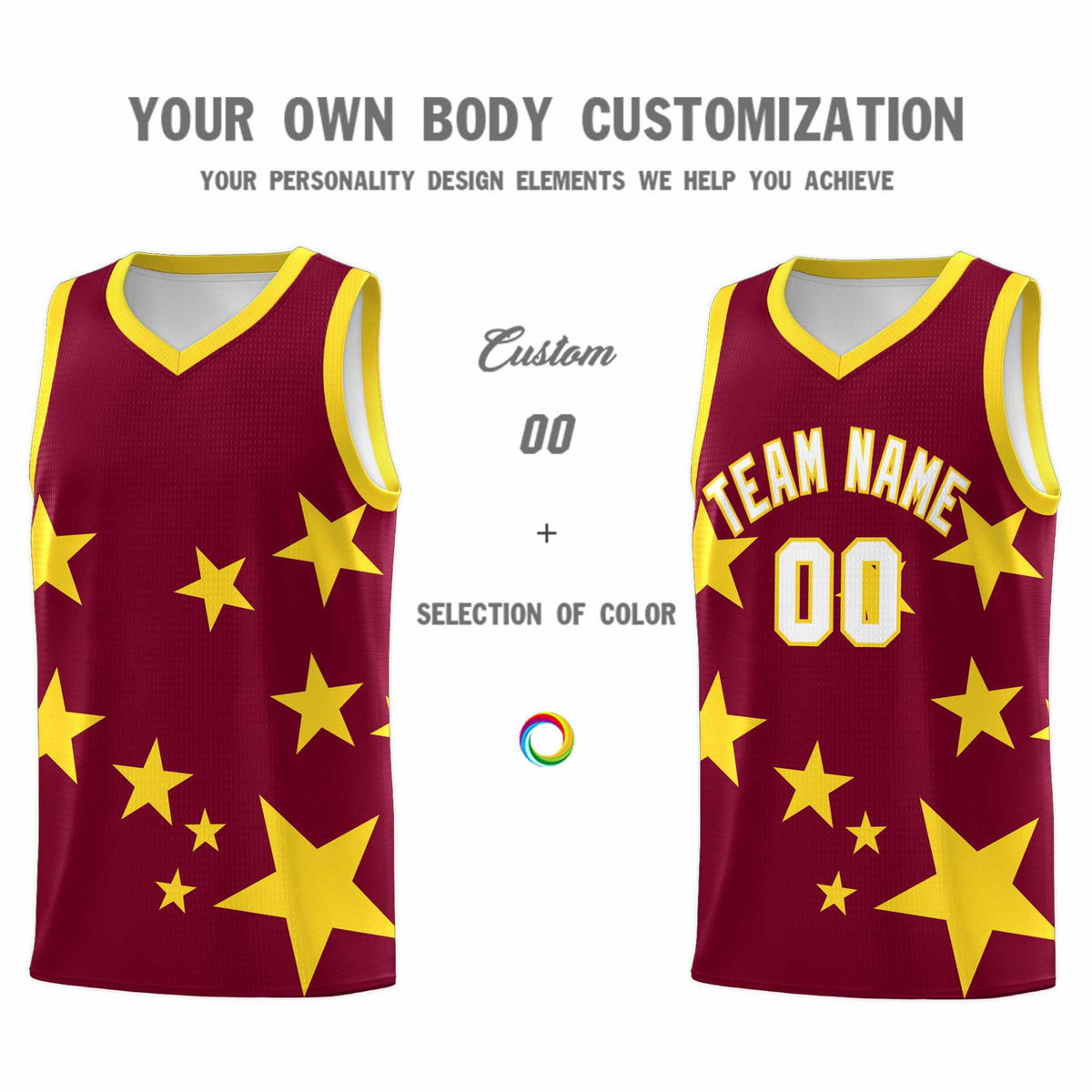 Custom Crimson Gold Graffiti Pattern Star Print Basketball Jersey Sets
