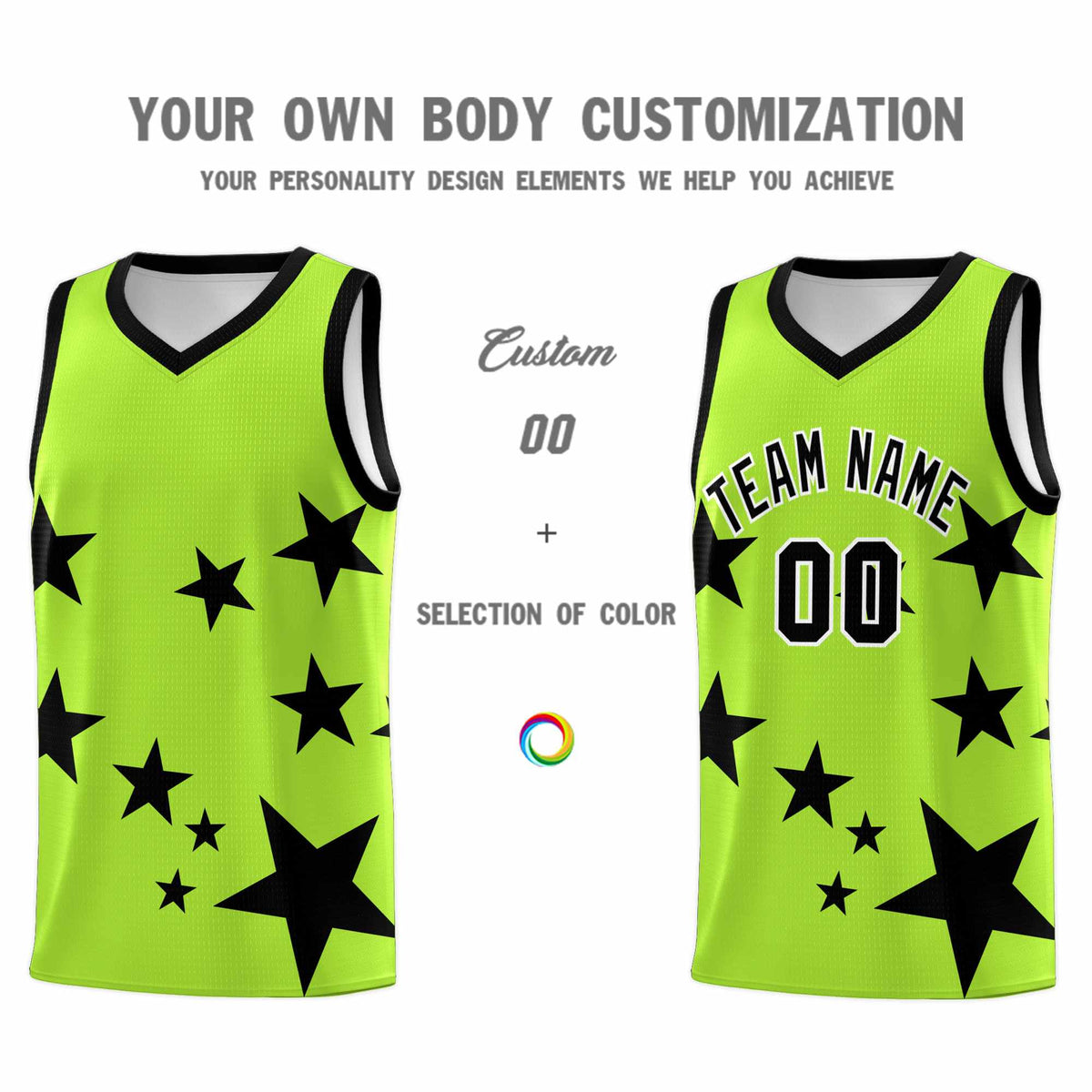 Custom Light Green Black Graffiti Pattern Star Print Basketball Jersey Sets