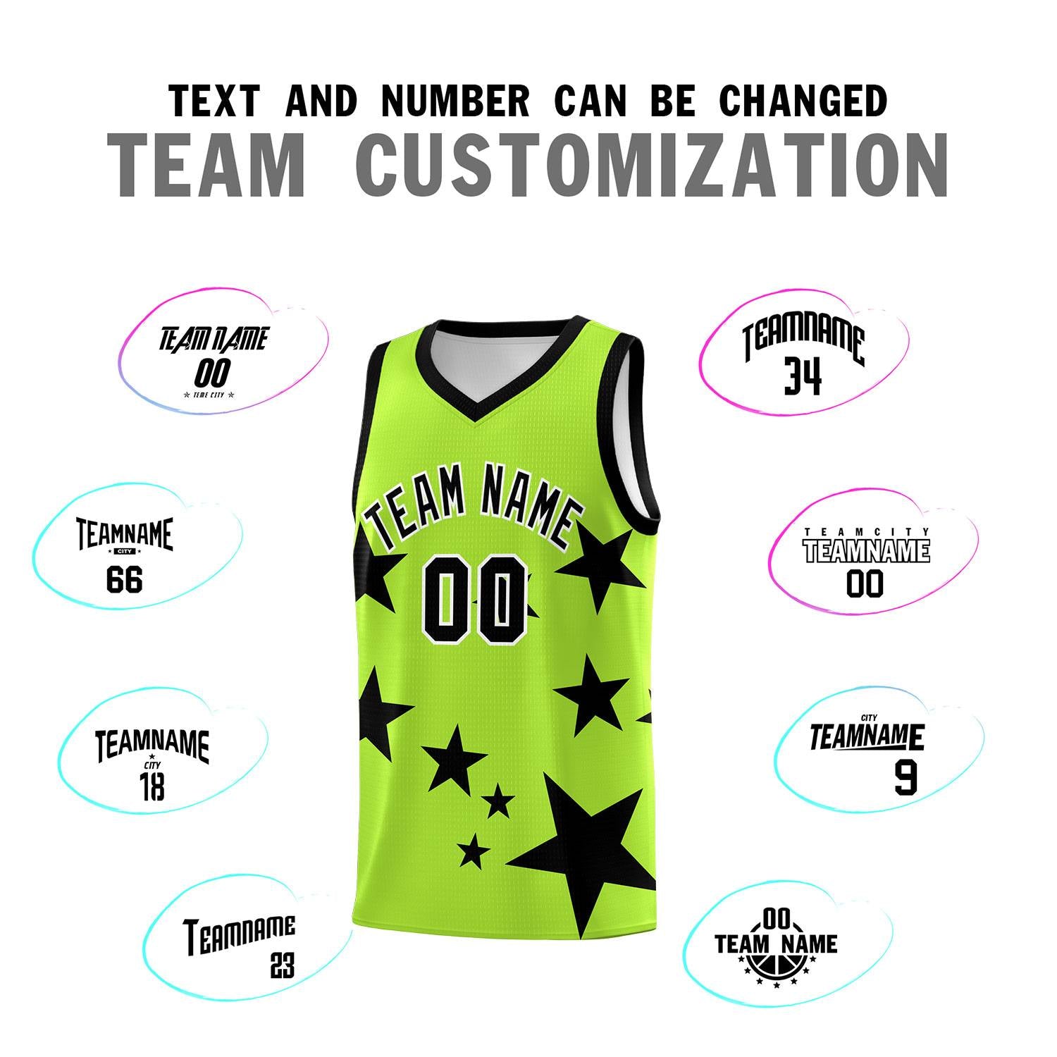 Custom Light Green Black Graffiti Pattern Star Print Basketball Jersey Sets