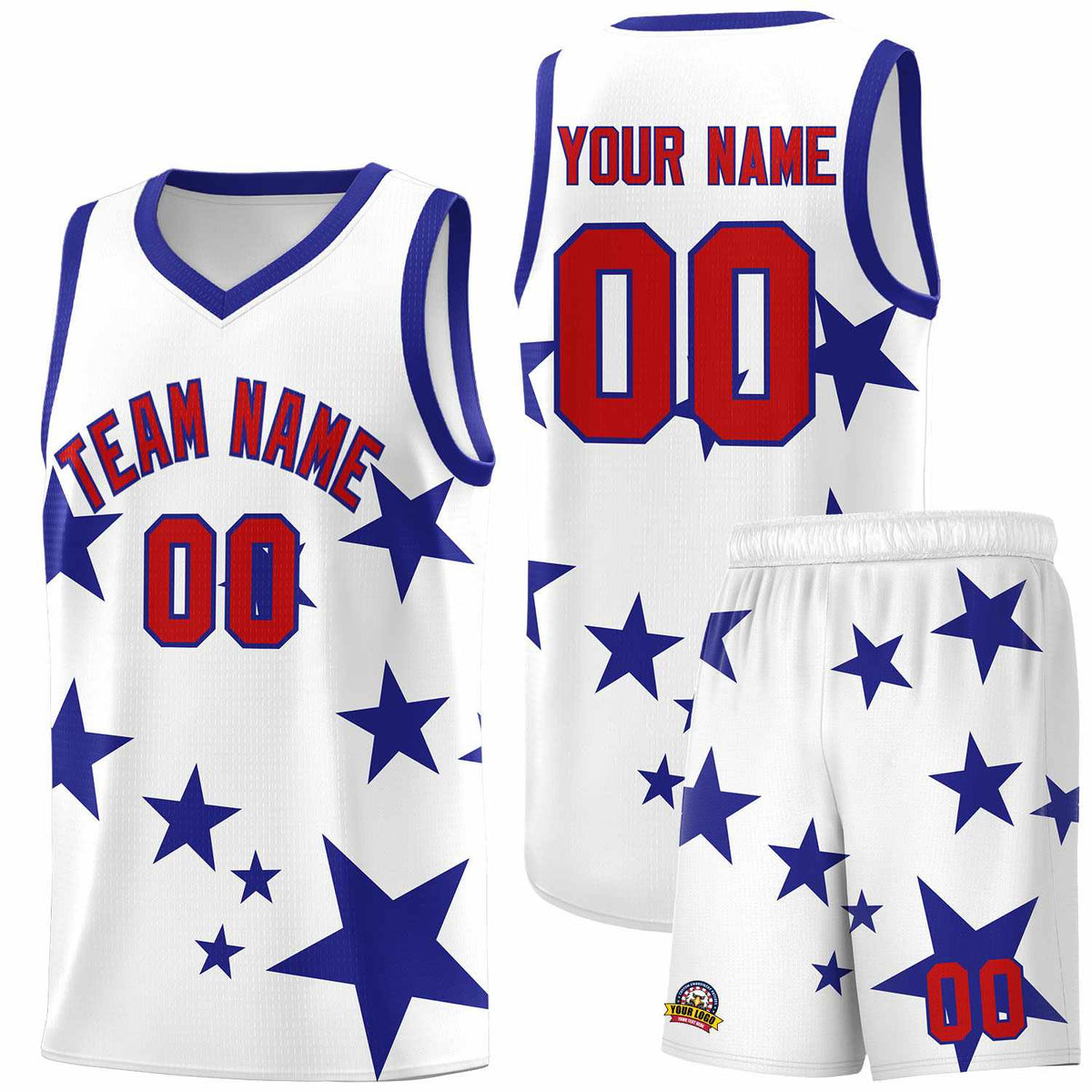 Custom White Royal Graffiti Pattern Star Print Basketball Jersey Sets