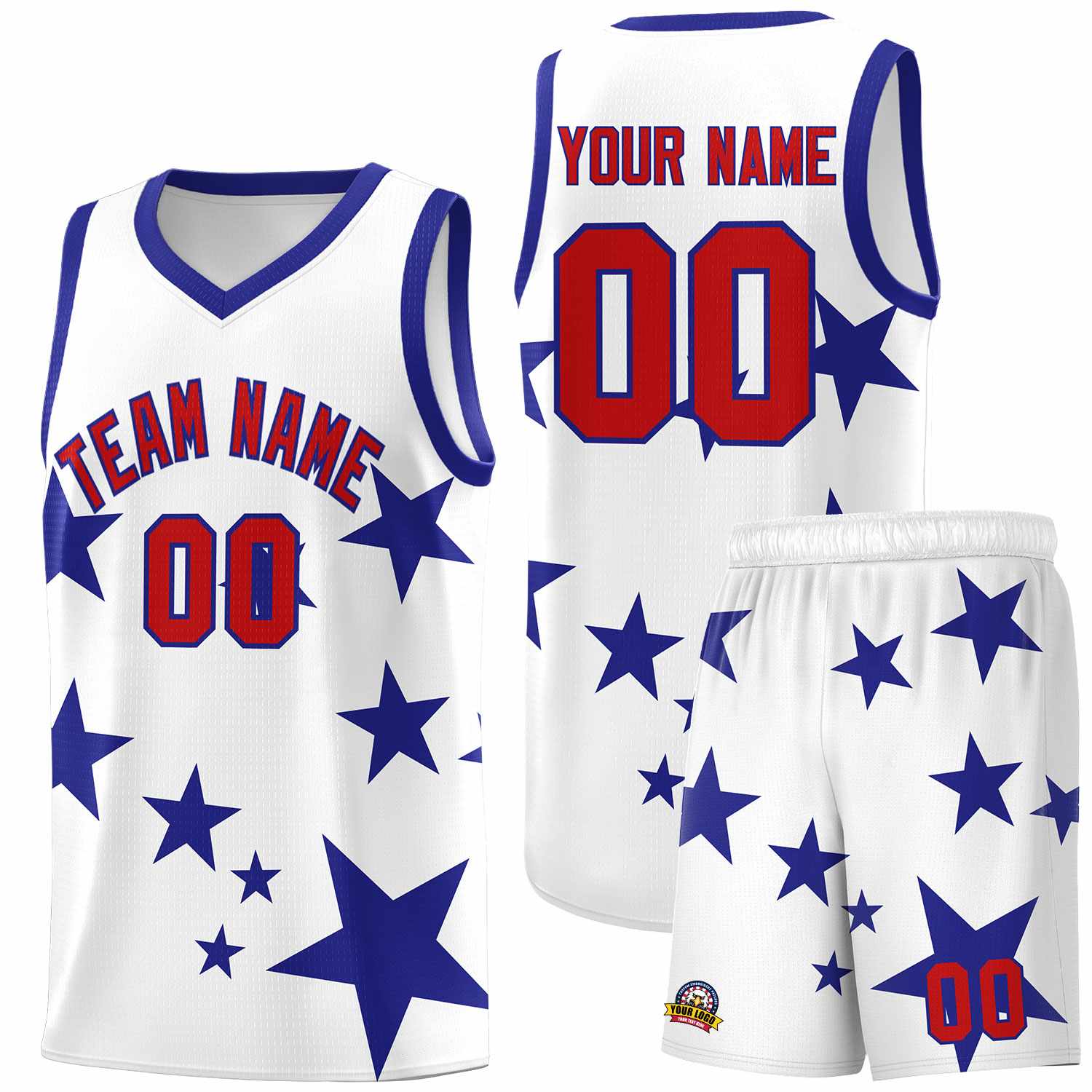 Custom White Royal Graffiti Pattern Star Print Basketball Jersey Sets
