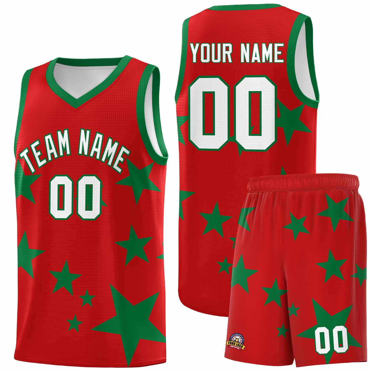 Custom Red Kelly Green Graffiti Pattern Star Print Basketball Jersey Sets