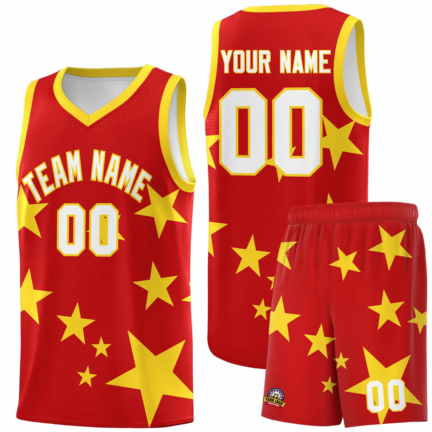 Custom Red Gold Graffiti Pattern Star Print Basketball Jersey Sets