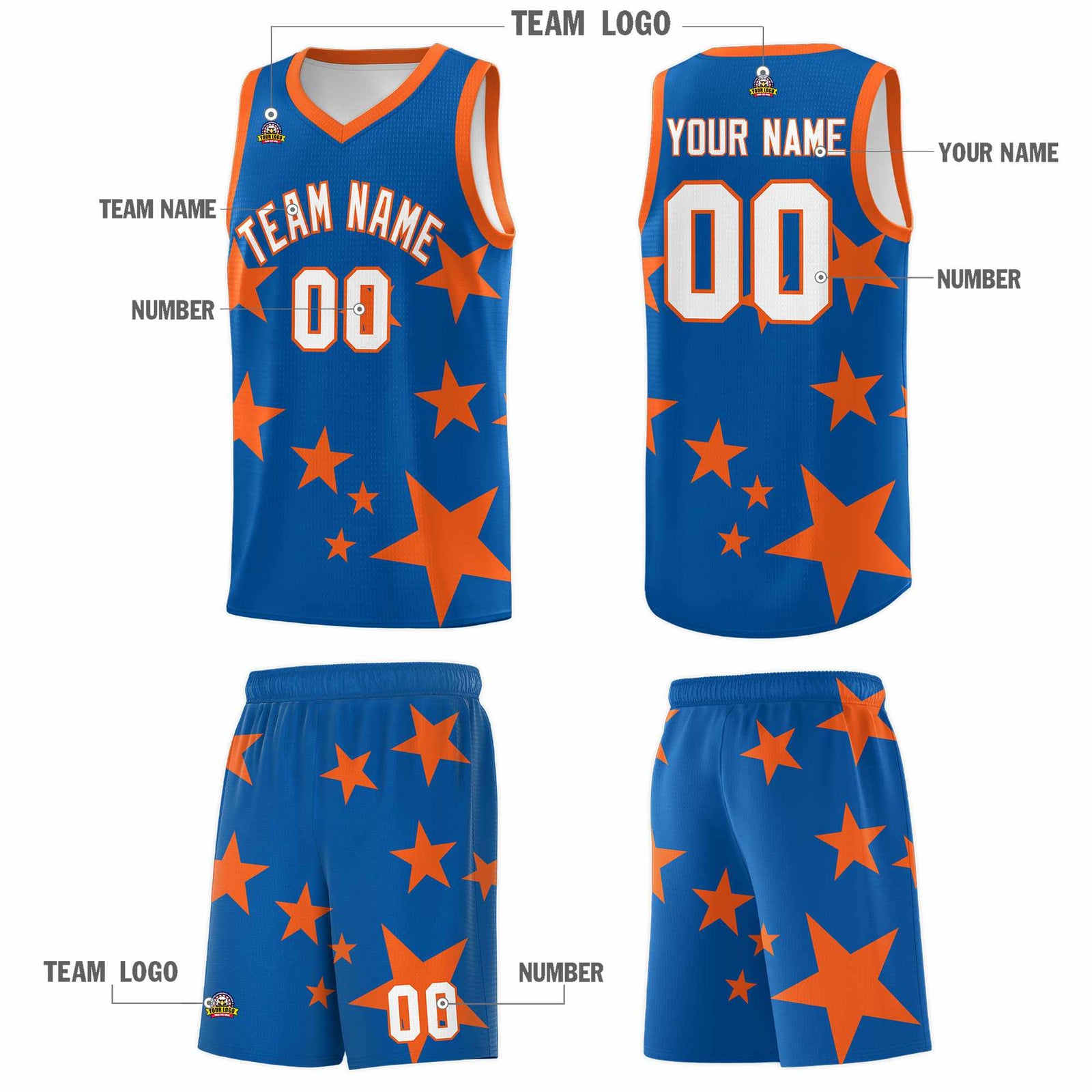 Custom Royal Orange Graffiti Pattern Star Print Basketball Jersey Sets