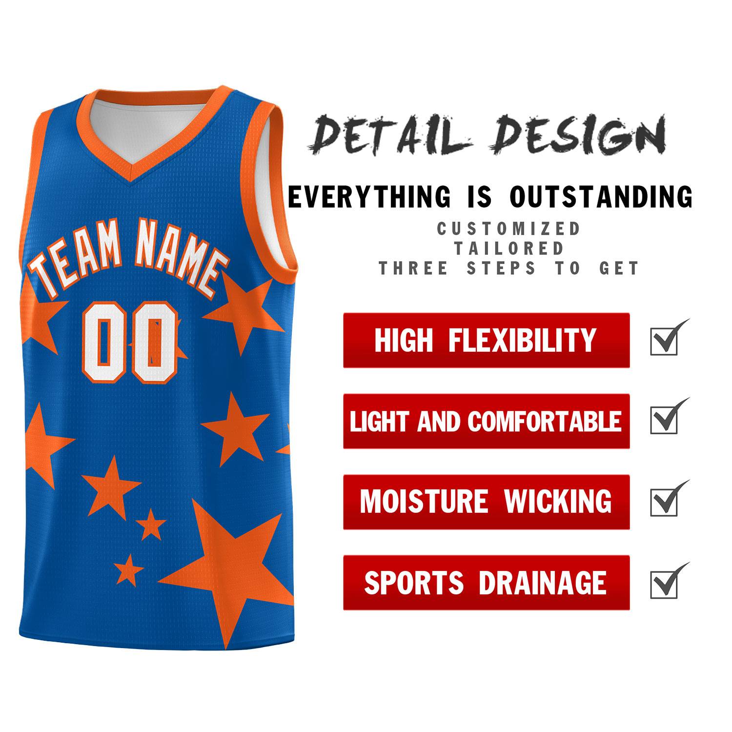 Custom Royal Orange Graffiti Pattern Star Print Basketball Jersey Sets