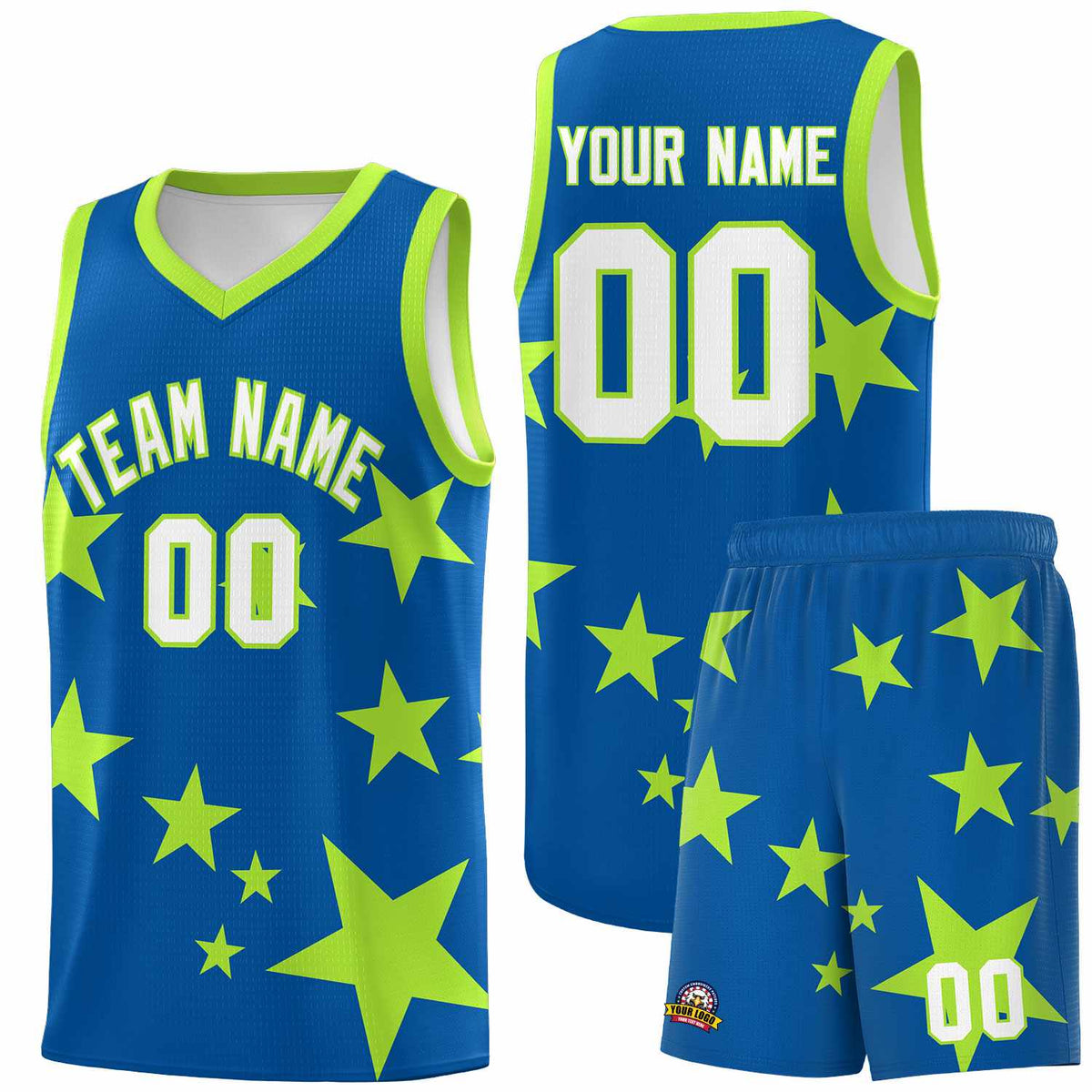 Custom Royal Light Green Graffiti Pattern Star Print Basketball Jersey Sets