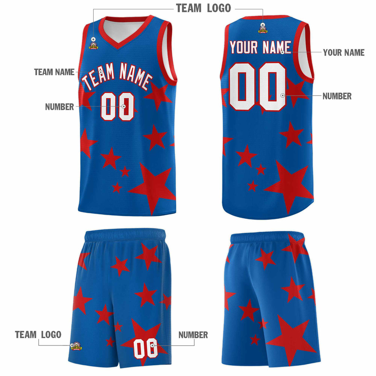 Custom Royal Red Graffiti Pattern Star Print Basketball Jersey Sets