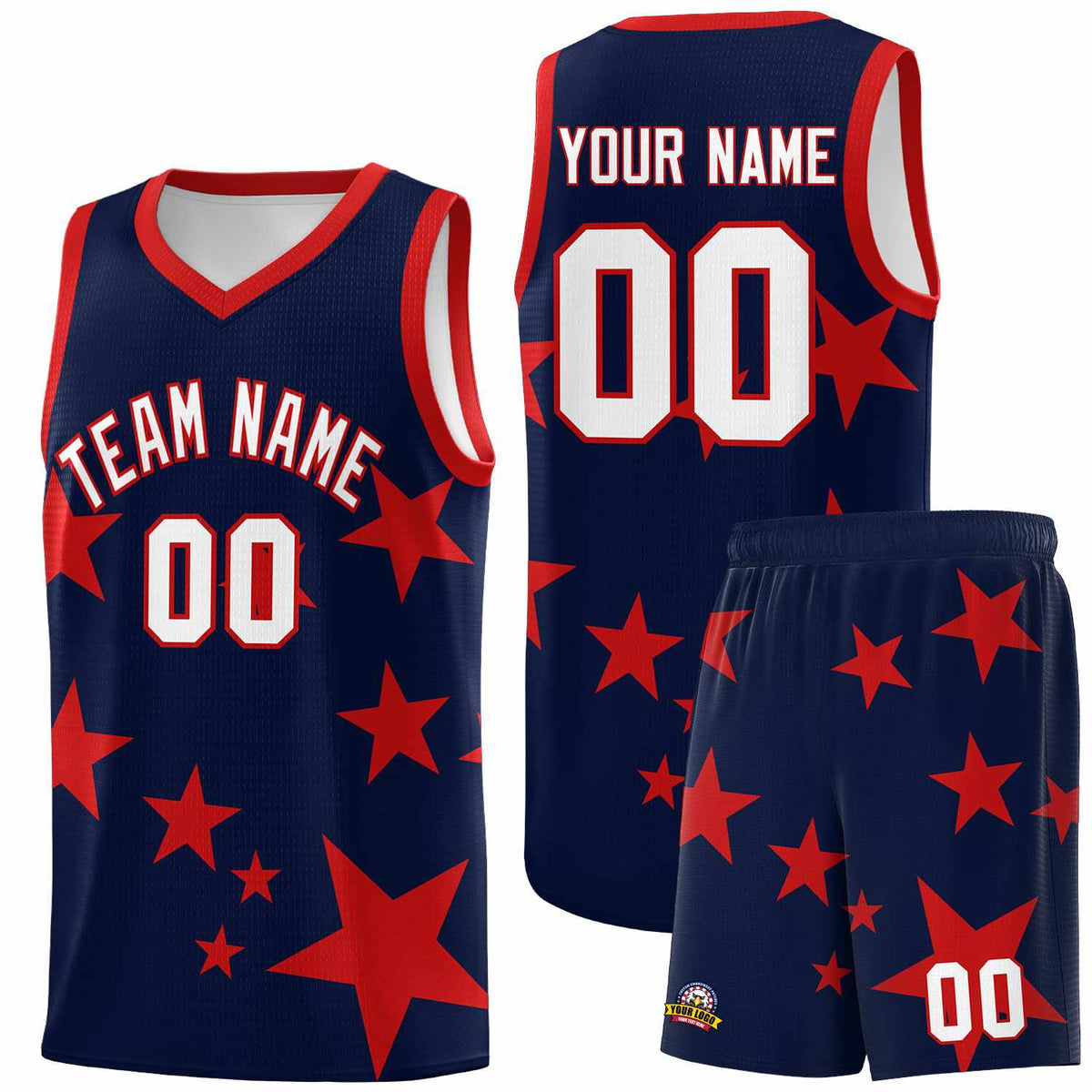 Custom Navy Red Graffiti Pattern Star Print Basketball Jersey Sets