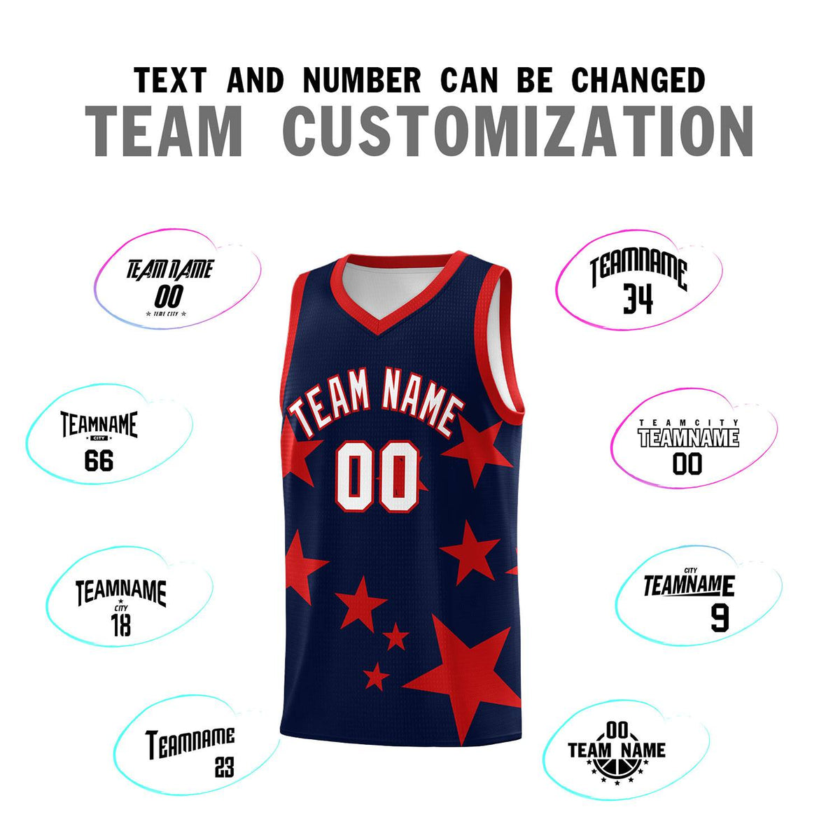 Custom Navy Red Graffiti Pattern Star Print Basketball Jersey Sets