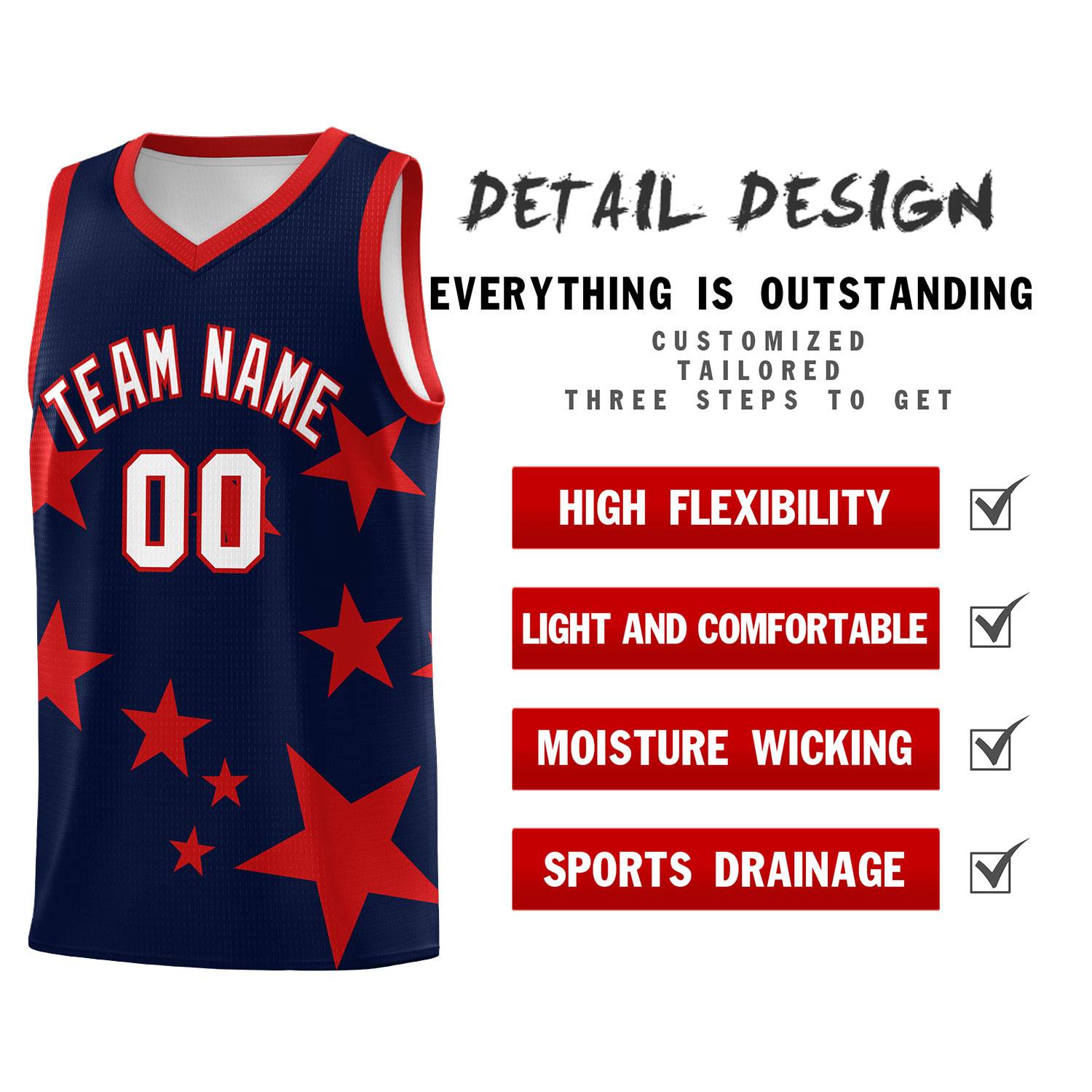 Custom Navy Red Graffiti Pattern Star Print Basketball Jersey Sets