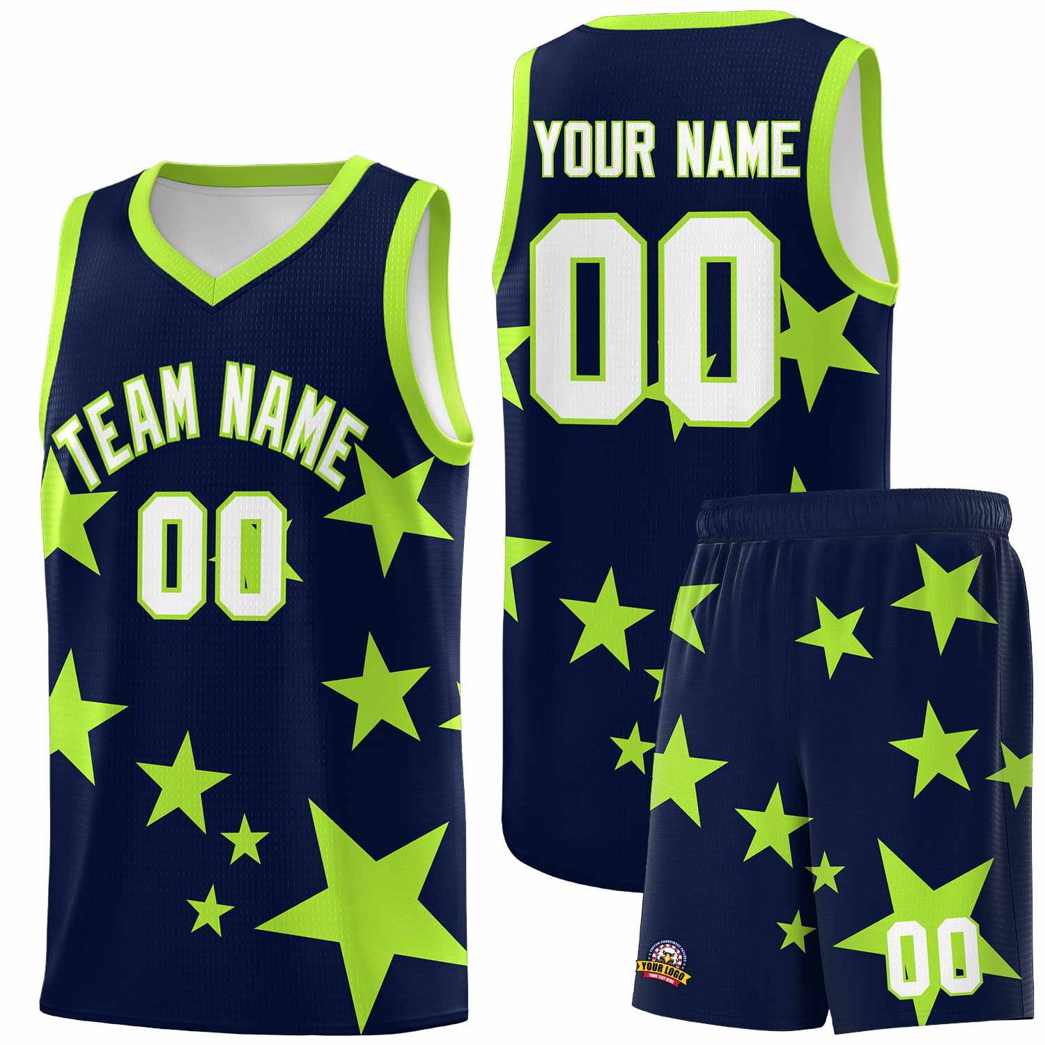 Custom Navy Light Green Graffiti Pattern Star Print Basketball Jersey Sets