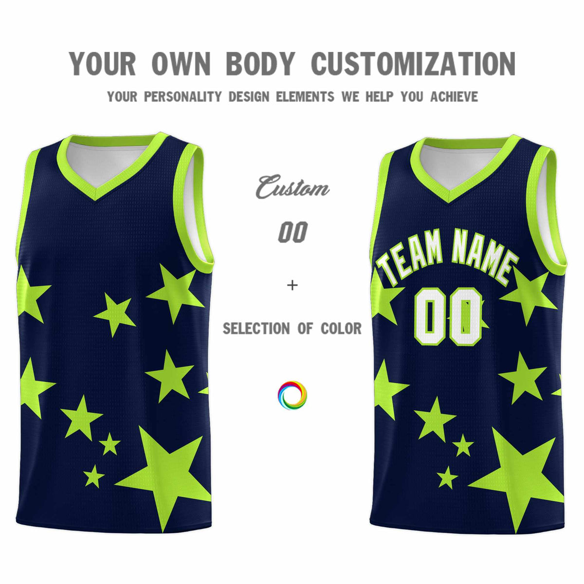 Custom Navy Light Green Graffiti Pattern Star Print Basketball Jersey Sets