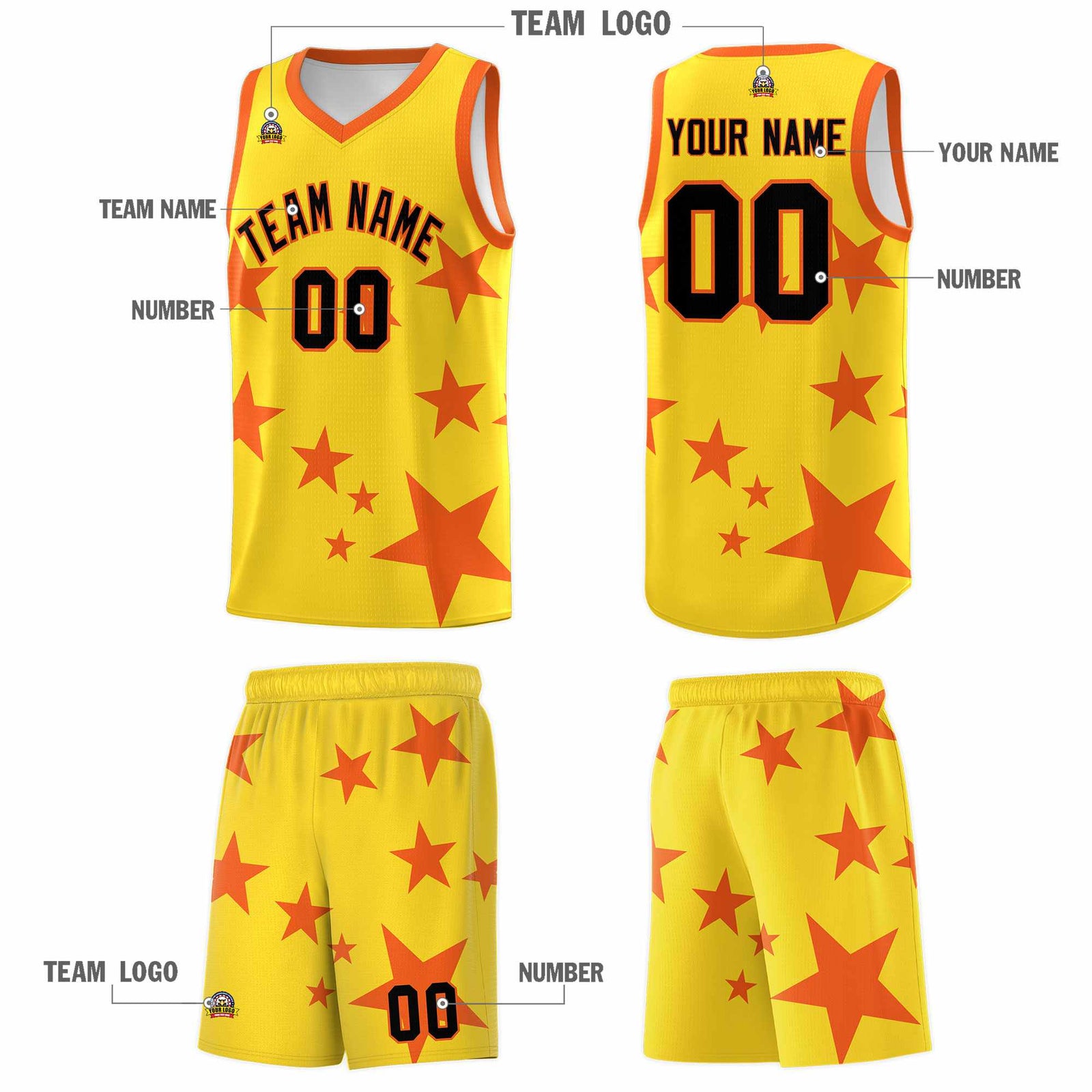 Custom Gold Orange Graffiti Pattern Star Print Basketball Jersey Sets