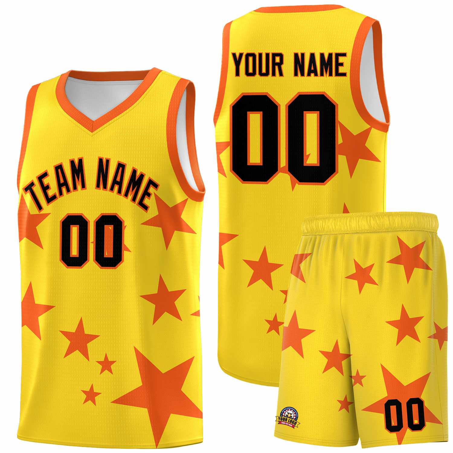 Custom Gold Orange Graffiti Pattern Star Print Basketball Jersey Sets