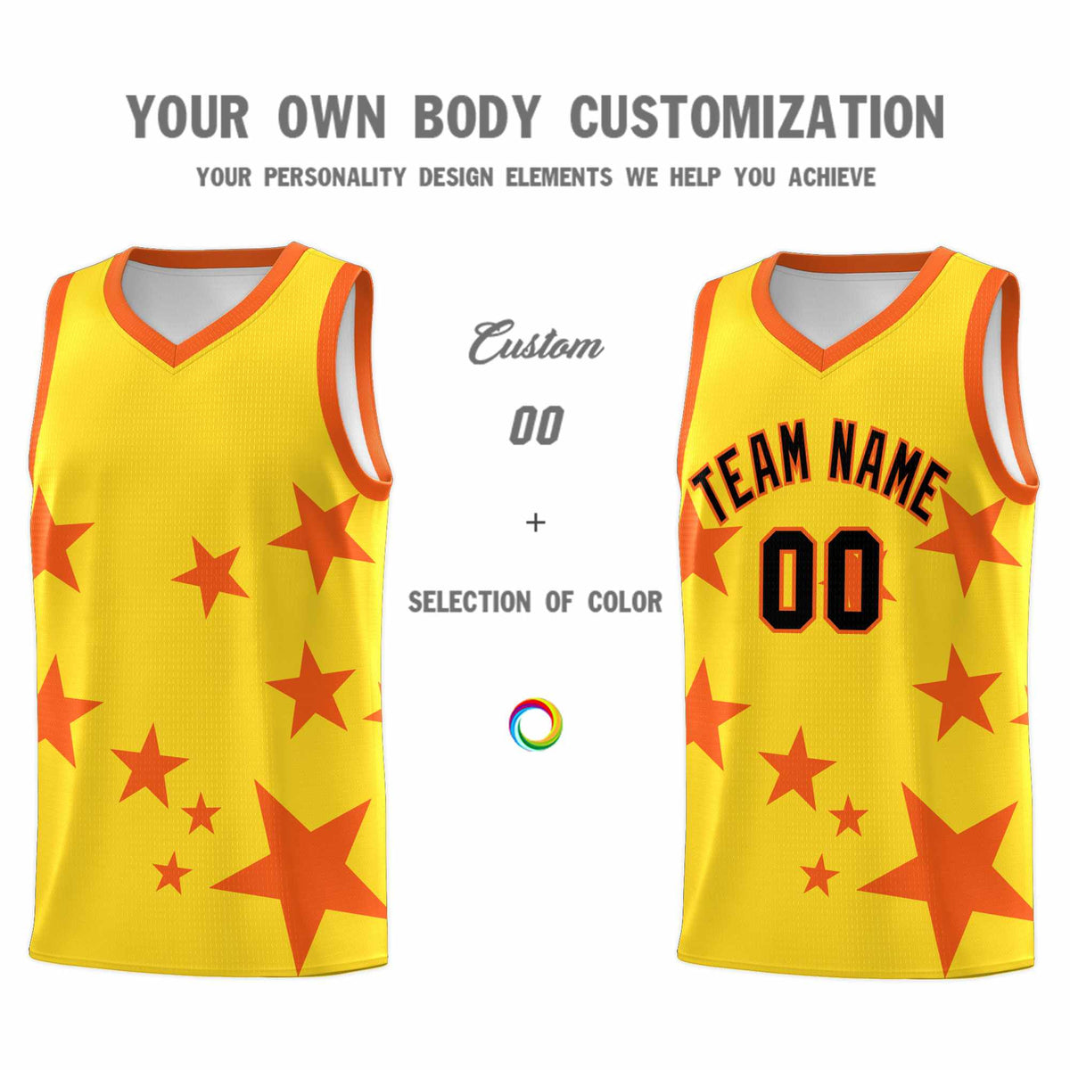Custom Gold Orange Graffiti Pattern Star Print Basketball Jersey Sets