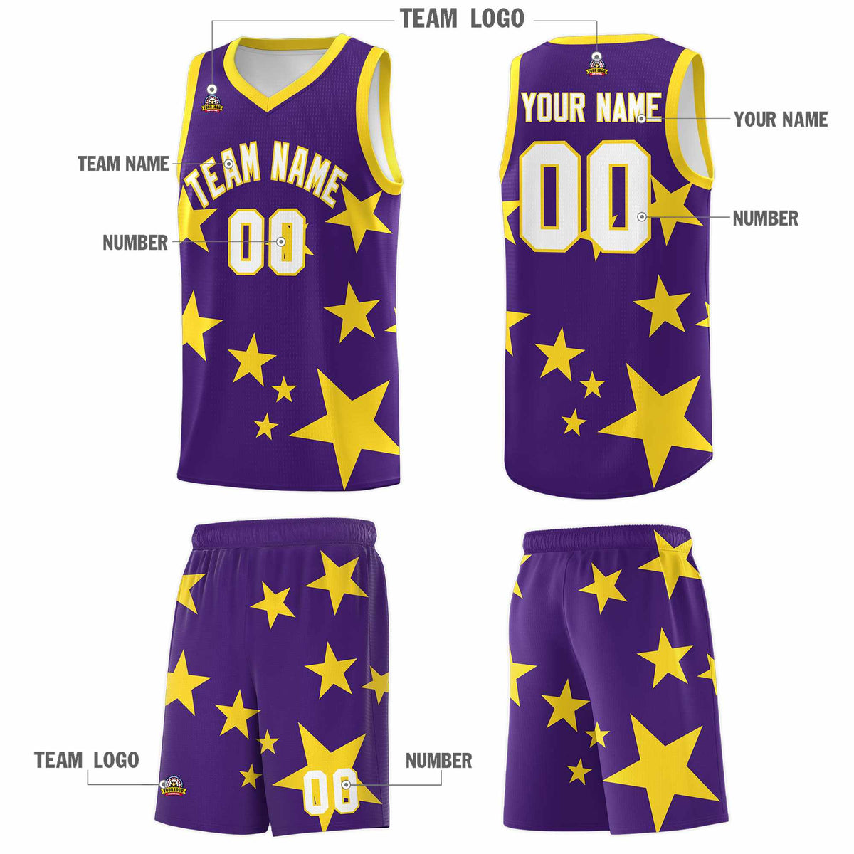 Custom Purple Gold Graffiti Pattern Star Print Basketball Jersey Sets