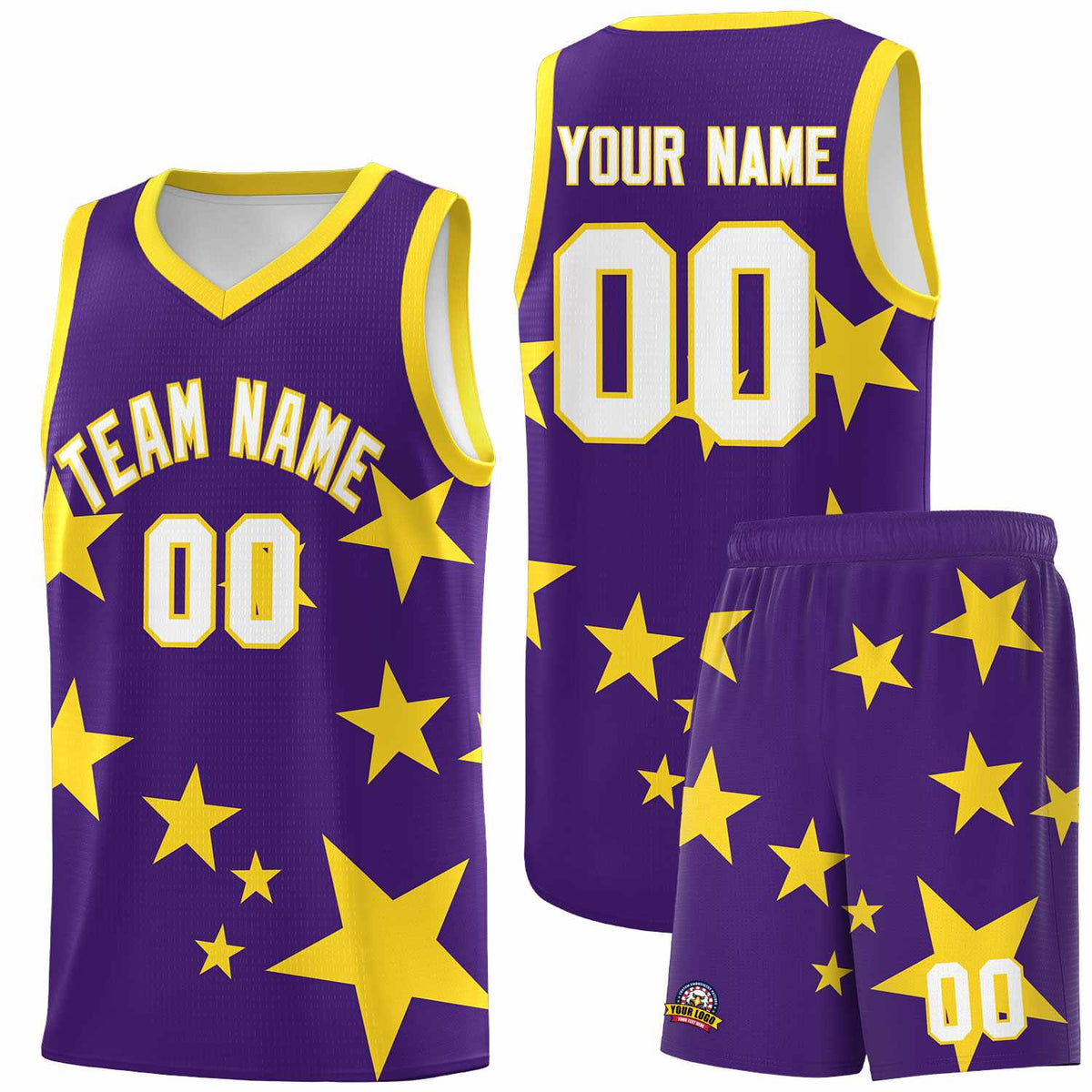 Custom Purple Gold Graffiti Pattern Star Print Basketball Jersey Sets