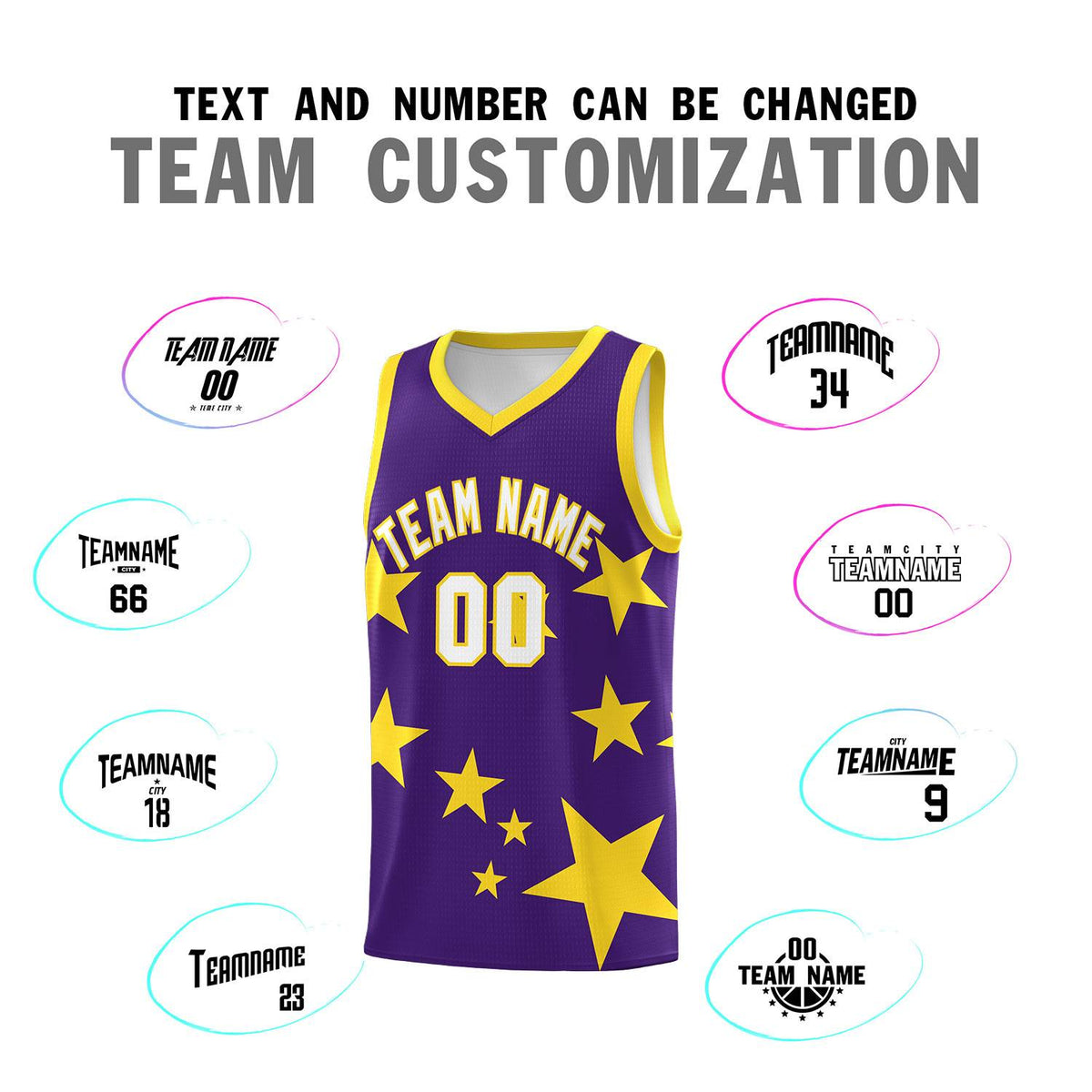 Custom Purple Gold Graffiti Pattern Star Print Basketball Jersey Sets