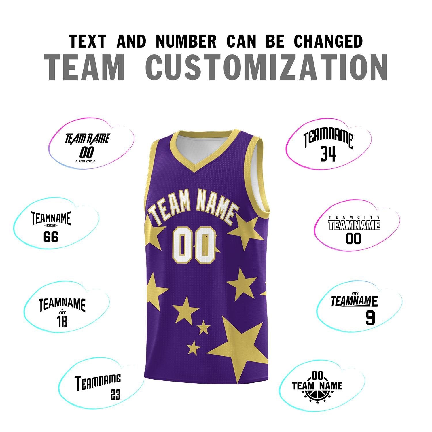 Custom Purple Old Gold Graffiti Pattern Star Print Basketball Jersey Sets