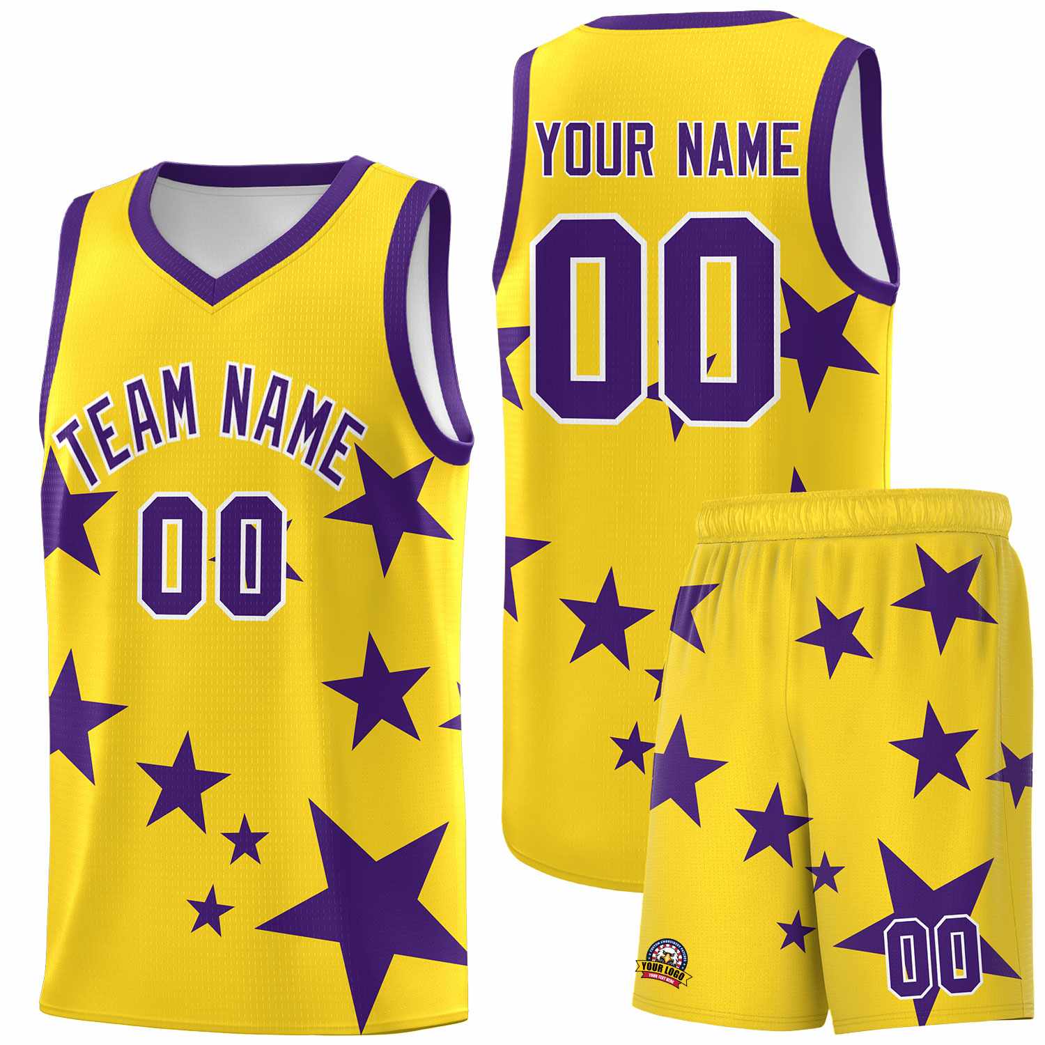 Custom Gold Purple Graffiti Pattern Star Print Basketball Jersey Sets