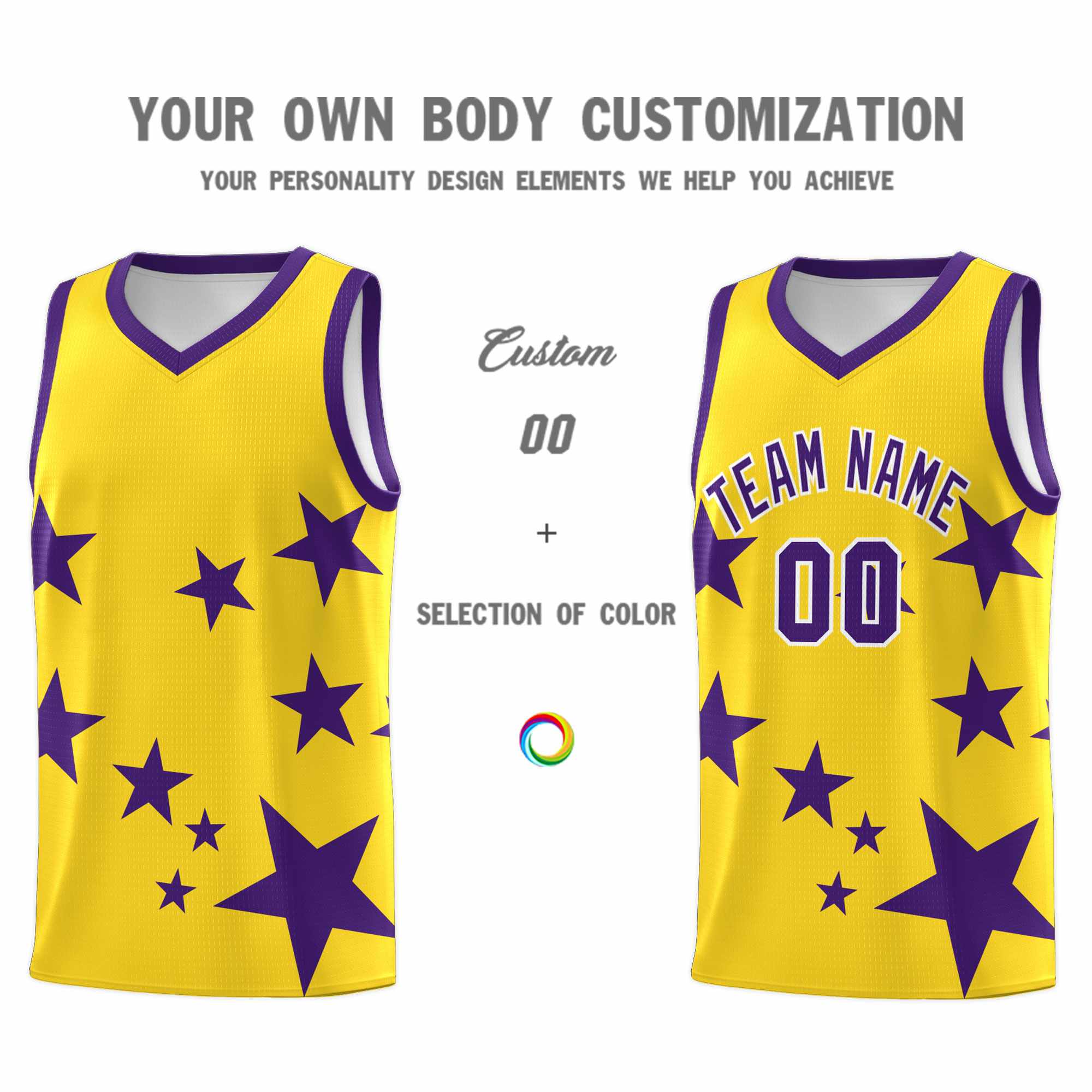 Custom Gold Purple Graffiti Pattern Star Print Basketball Jersey Sets