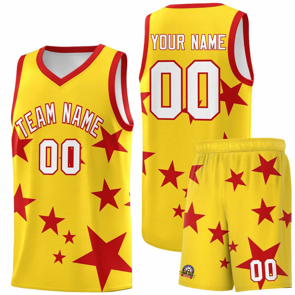 Custom Gold Red Graffiti Pattern Star Print Basketball Jersey Sets